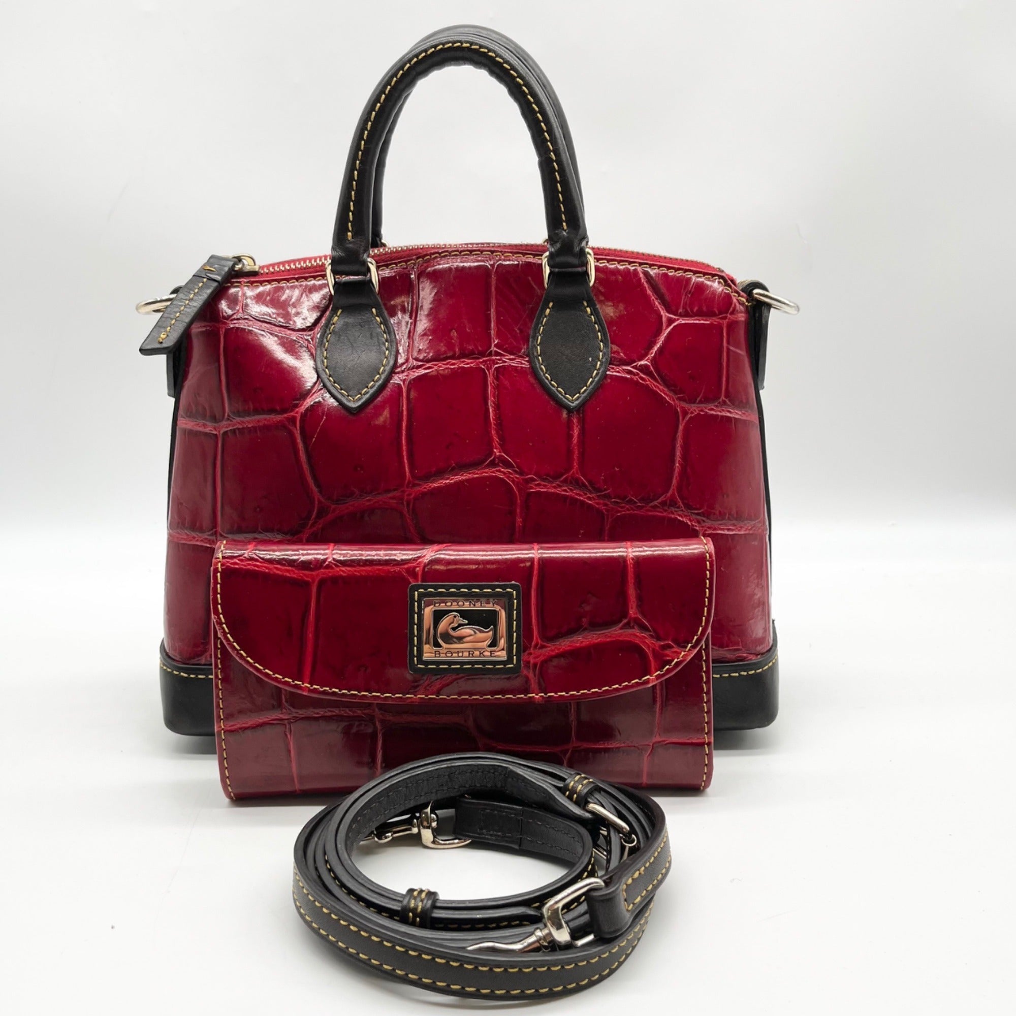 Dooney and Bourke Red Leather Croc Embossed Denison Satchel And Wallet