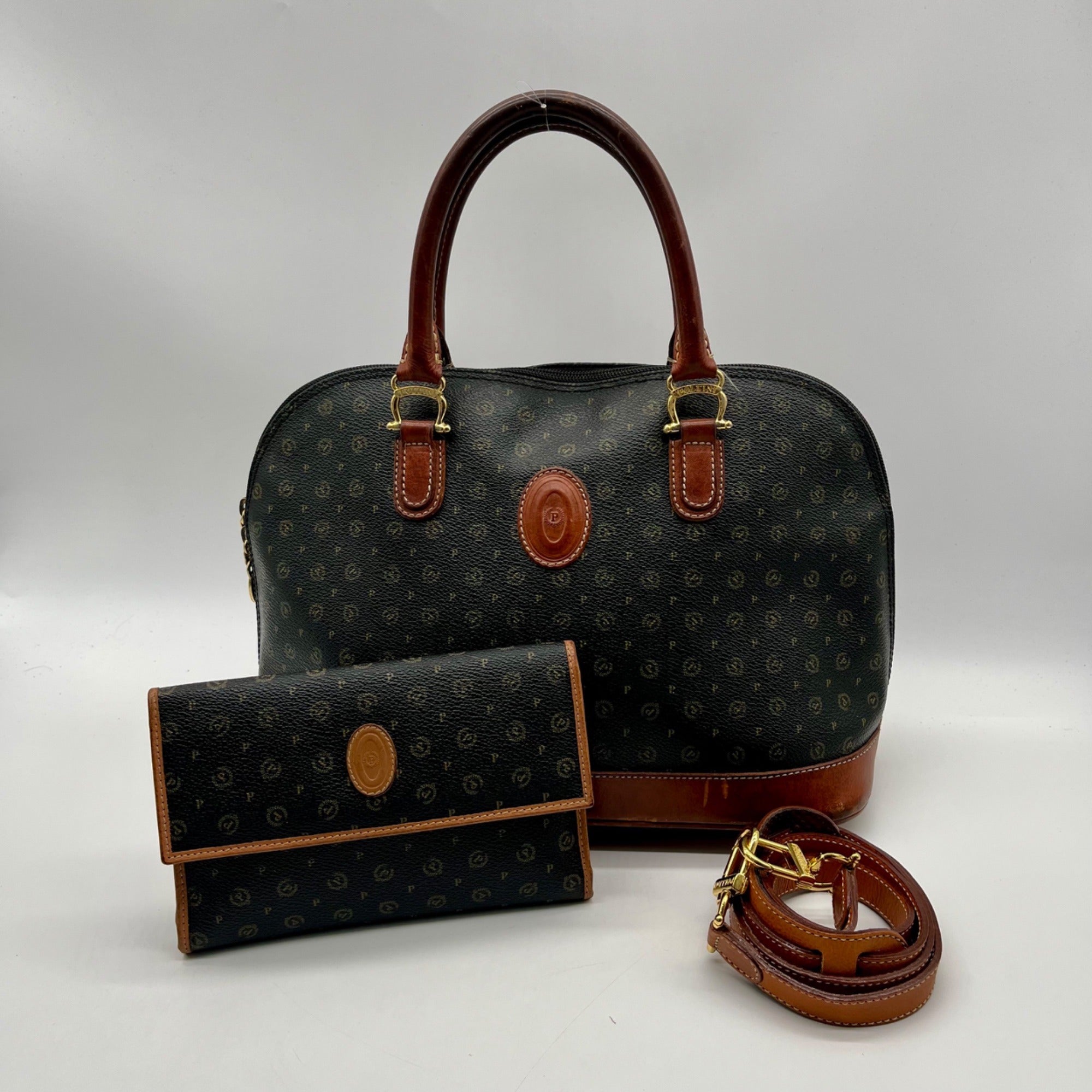 Pollini Monogram Print Pebbled Leather Wallet And Reversible Handbag