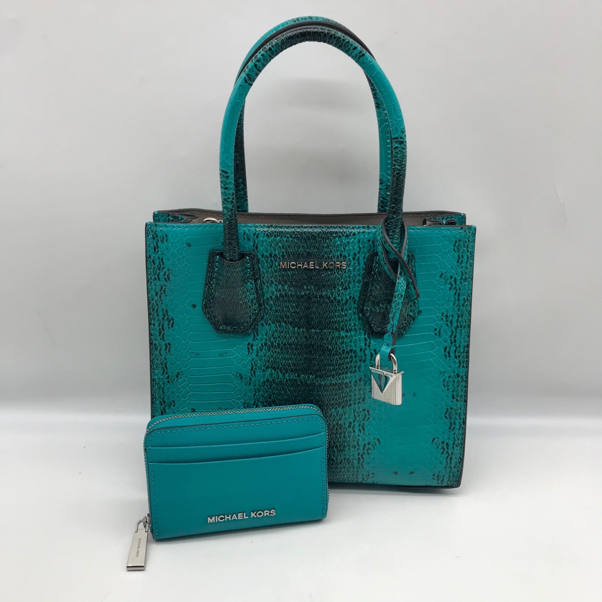 Michael Kors Blue Snake Embossed Leather Studio Mercer Convertible Satchel &amp; Wallet
