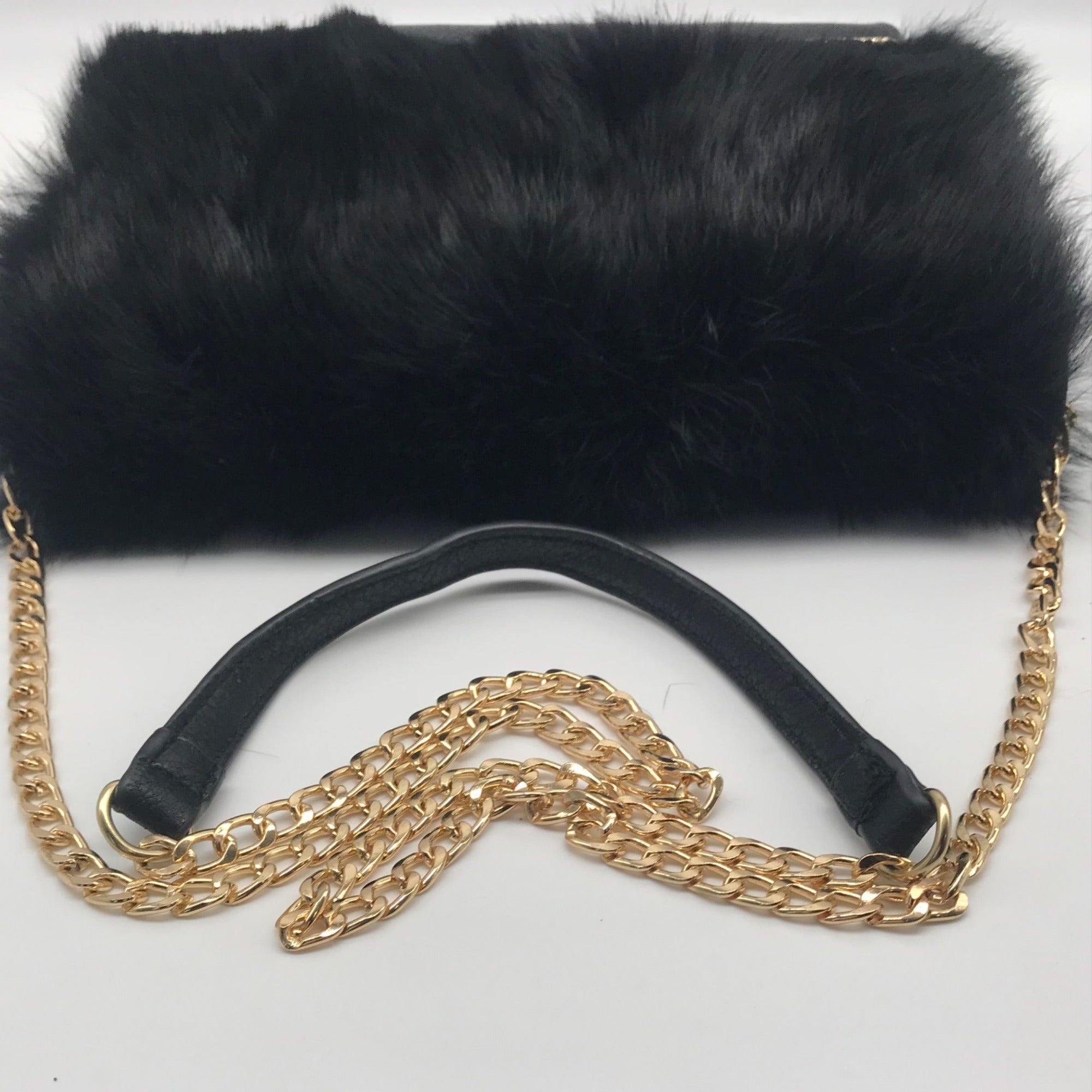 Vieta Black Fur Flap Penelope Crossbody Clutch