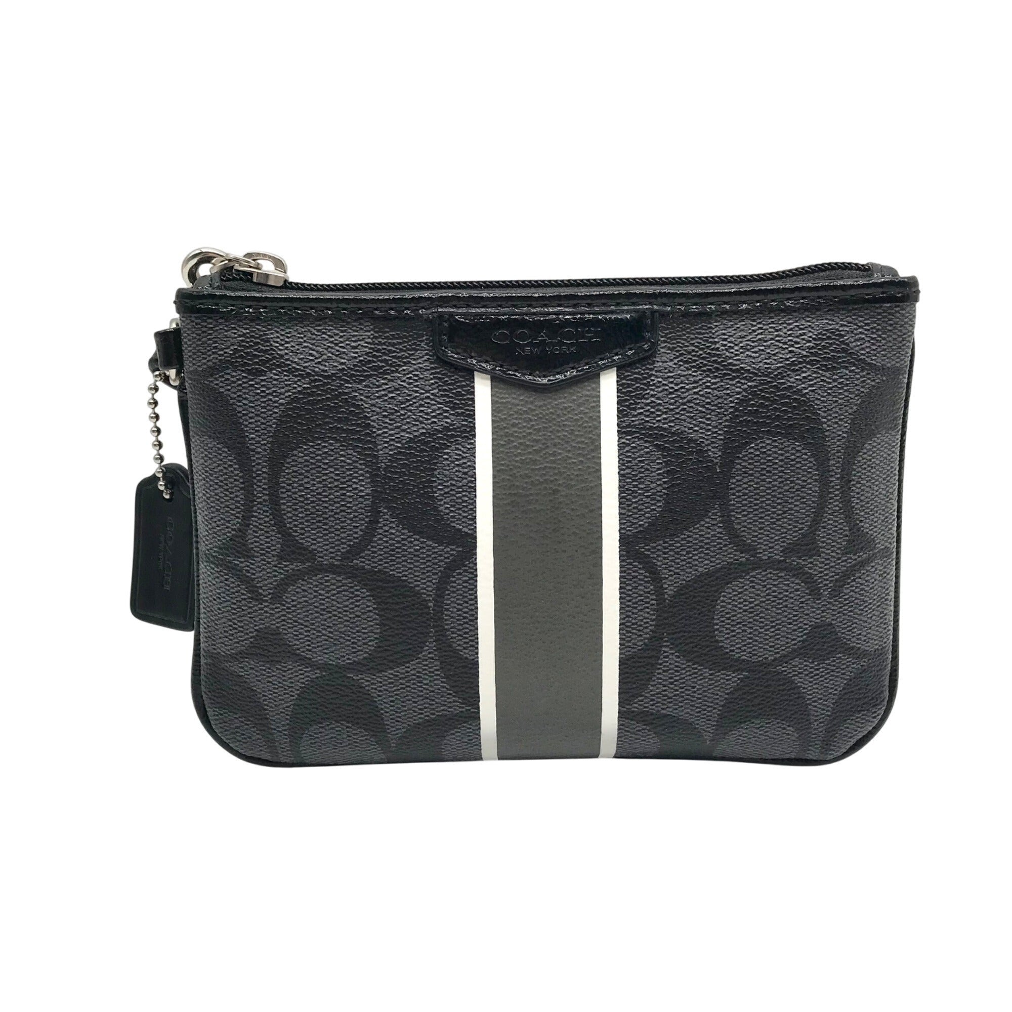 Coach Gray and Black Signature Coated Canvas Striped Corner Zip Wristlet