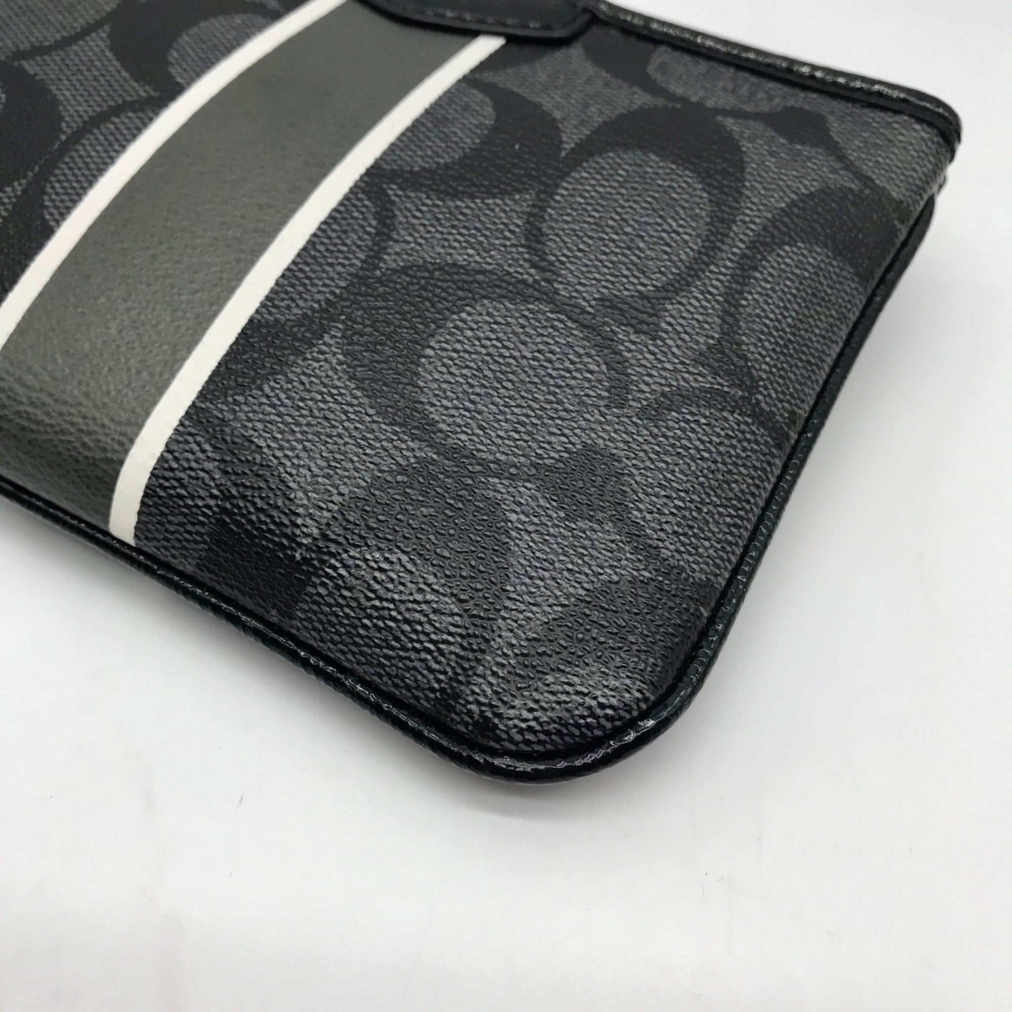 Coach Gray and Black Signature Coated Canvas Striped Corner Zip Wristlet