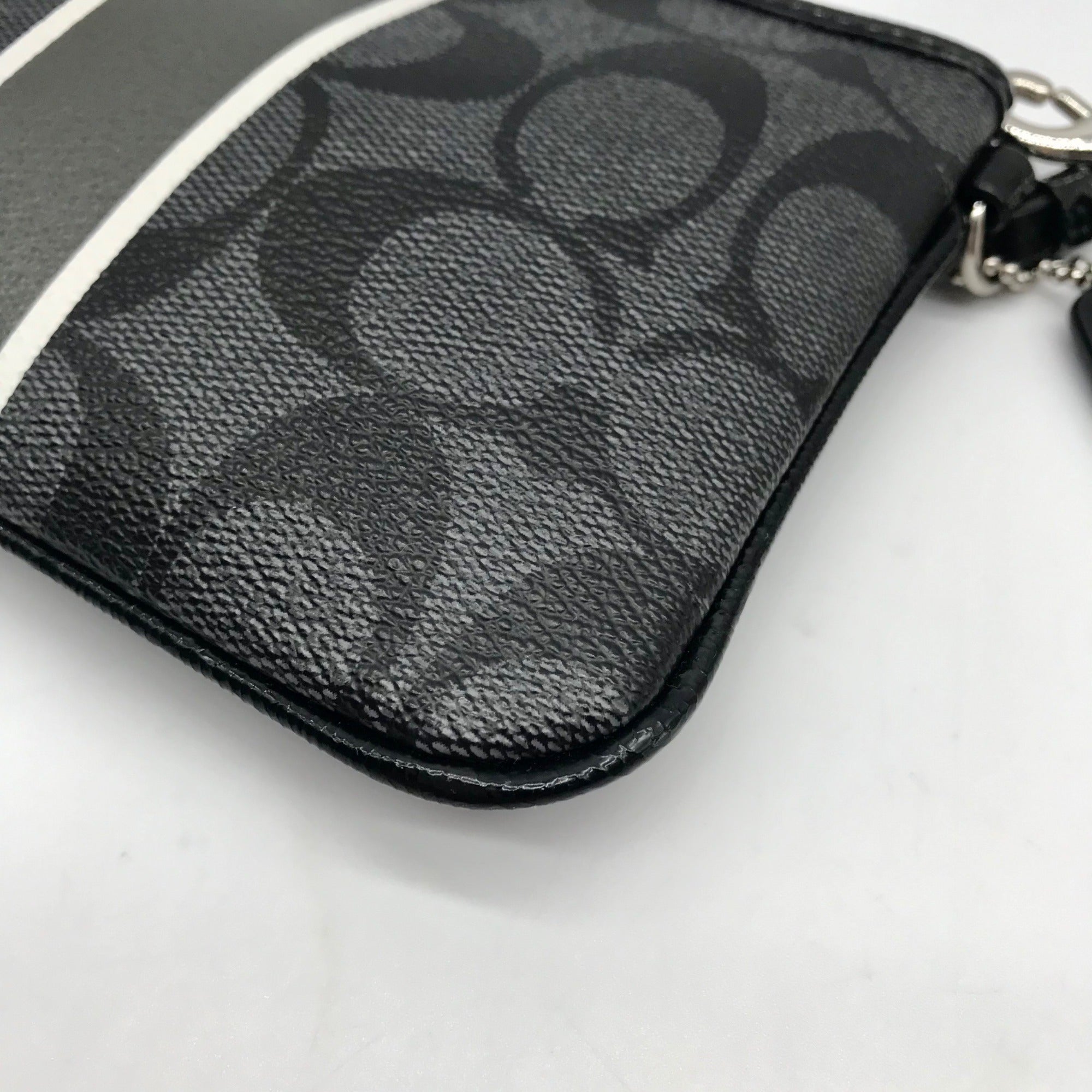 Coach Gray and Black Signature Coated Canvas Striped Corner Zip Wristlet