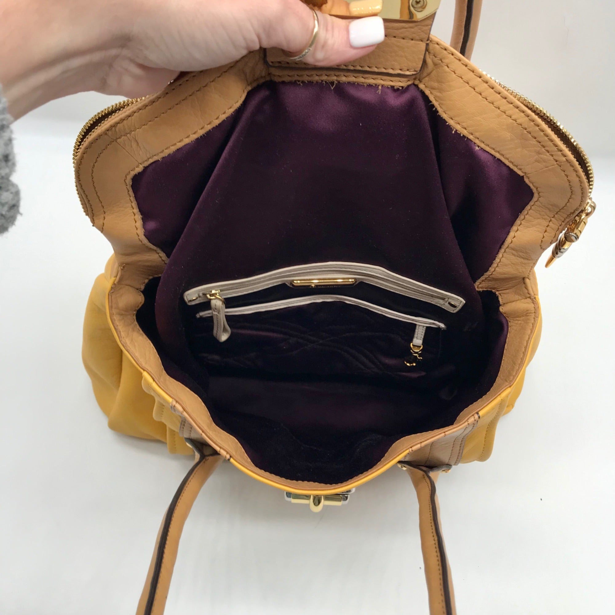 B. Makowsky Yellow Leather Flap Turn Lock Shoulder Bag