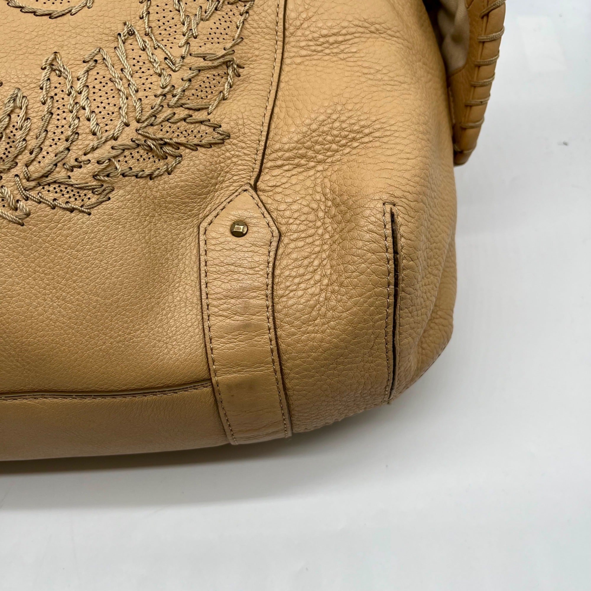 Cole Haan Beige Embroidered Leather Hobo Bag