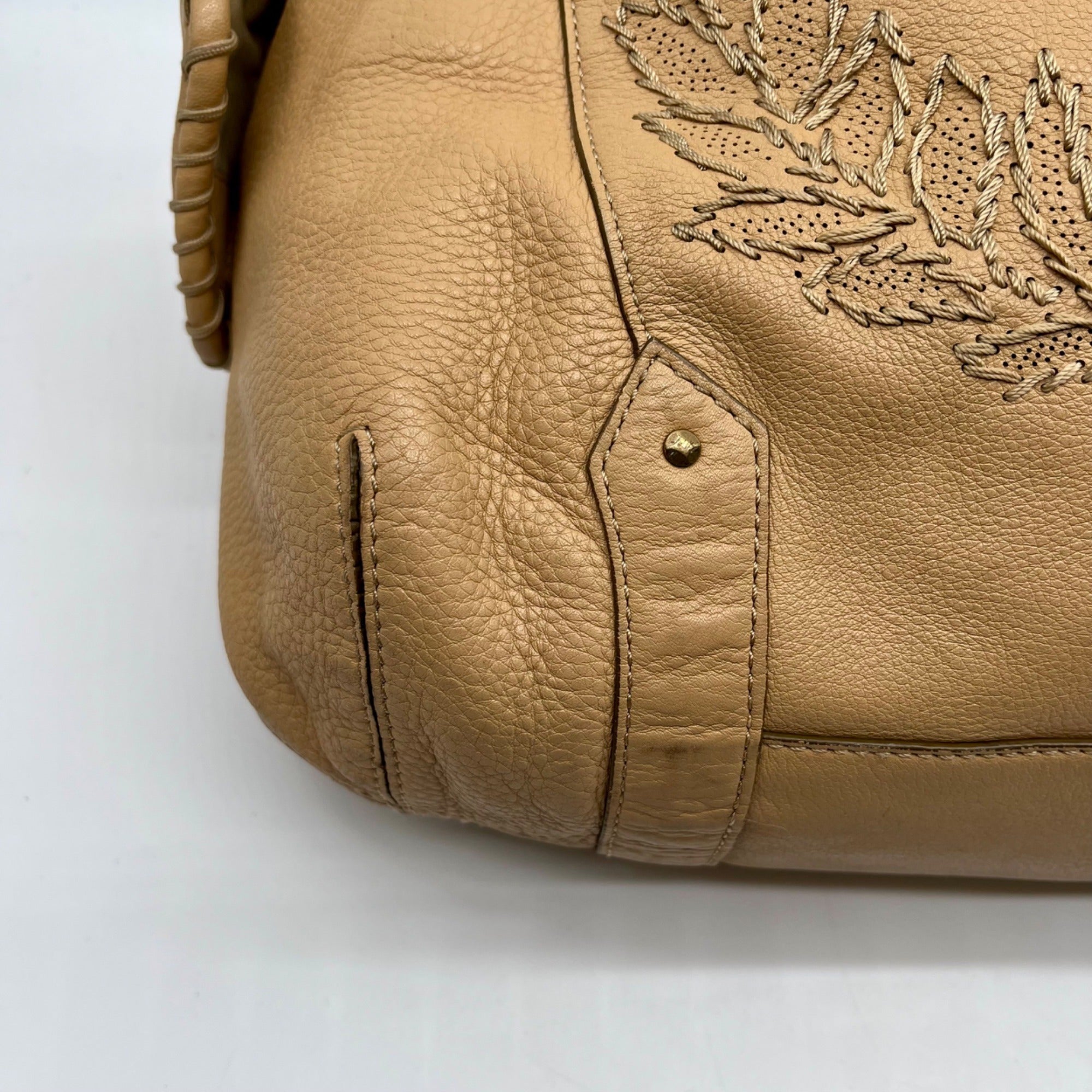 Cole Haan Beige Embroidered Leather Hobo Bag