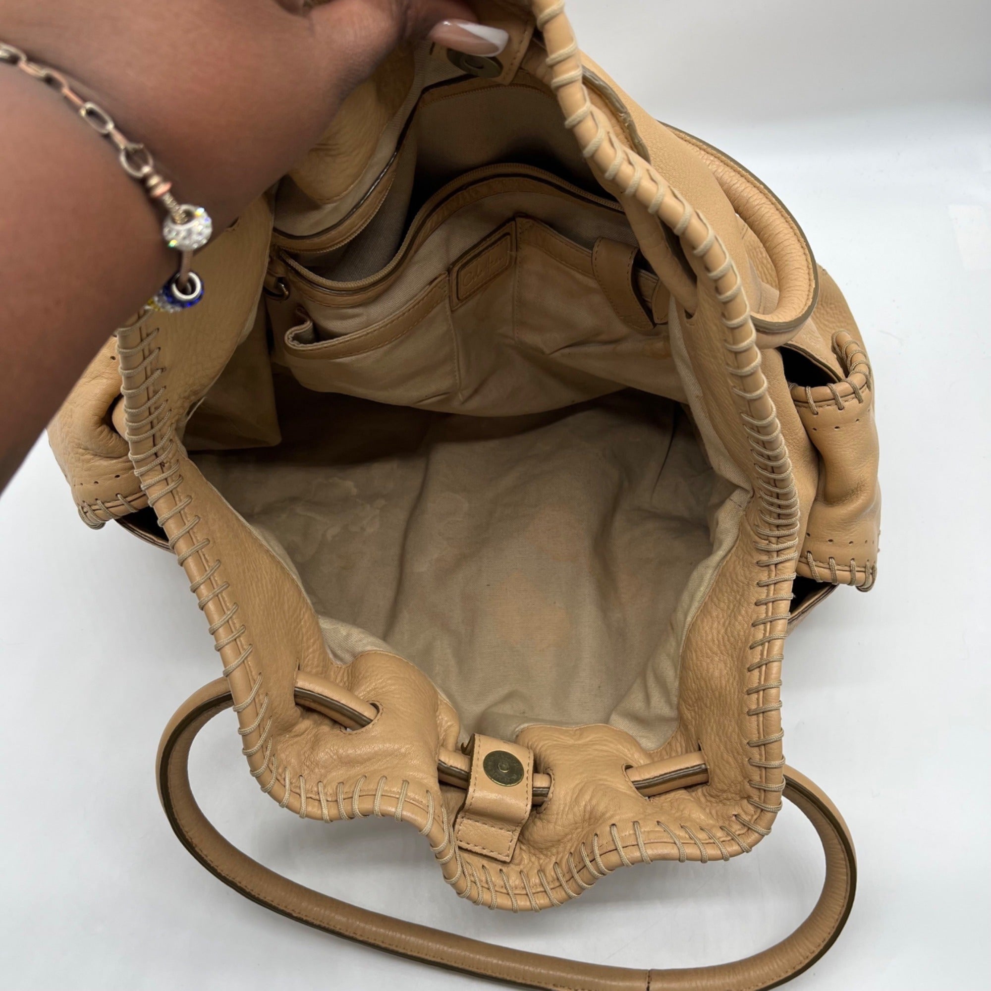 Cole Haan Beige Embroidered Leather Hobo Bag