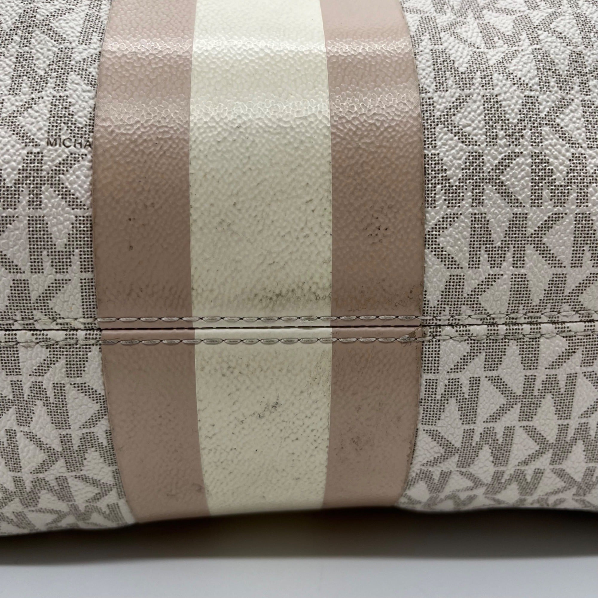 Michael Kors Vanilla &amp; Soft Pink Signature  Pebbled Leather Eva Large Stripped Tote Bag