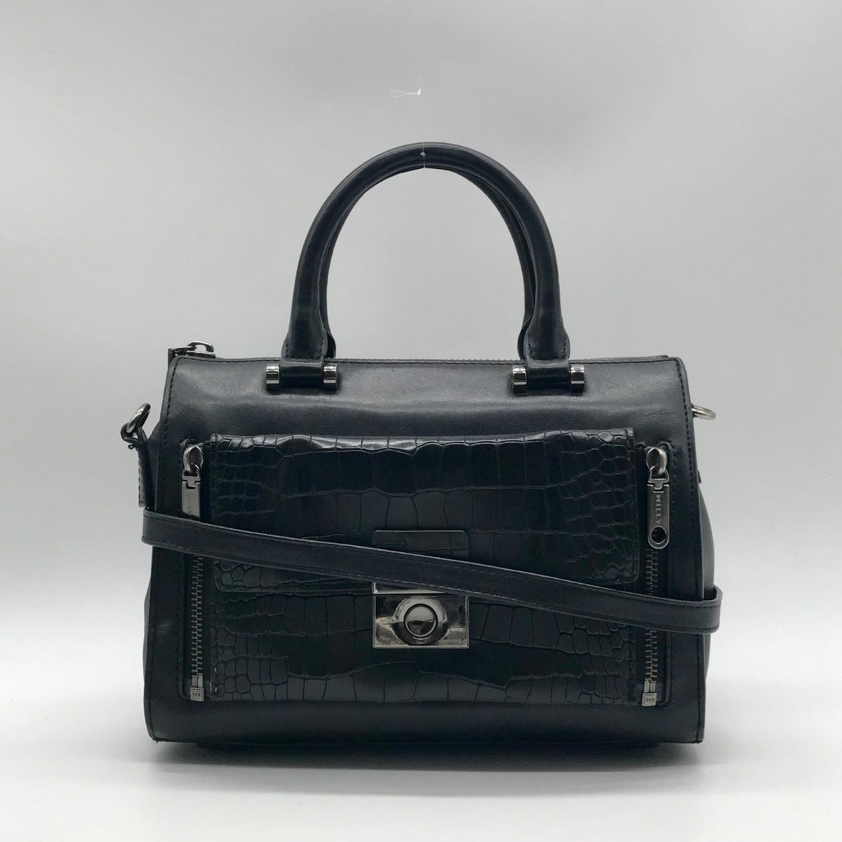 Milly Black Croc-Embossed Leather Satchel Bag