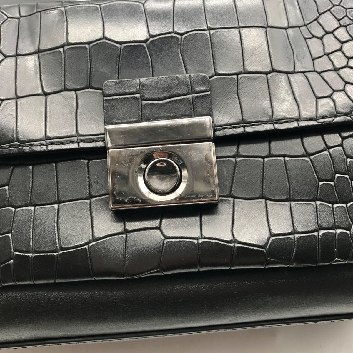 Milly Black Croc-Embossed Leather Satchel Bag
