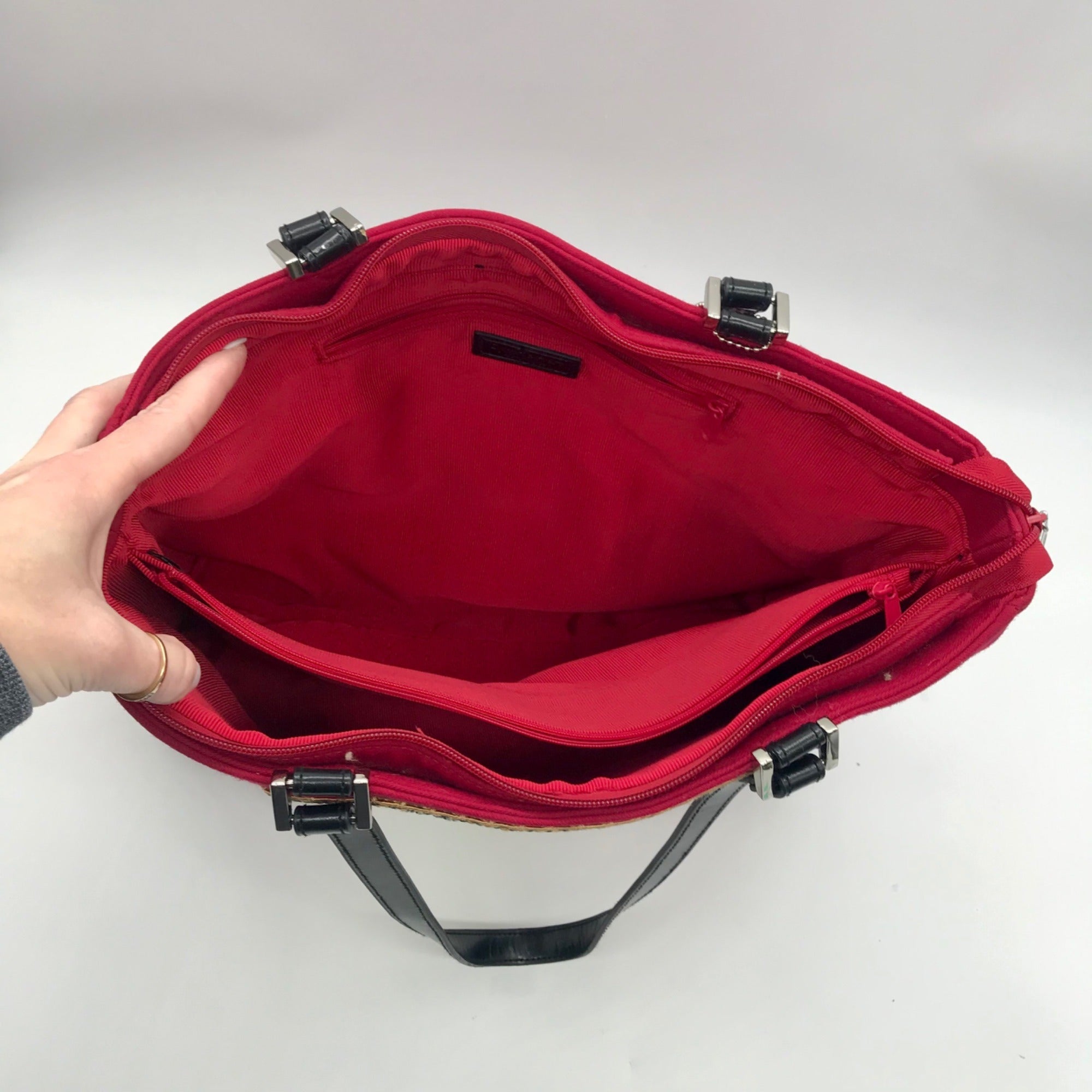 Cynthia Hart Red Fabric Beaded Dog Tote Bag