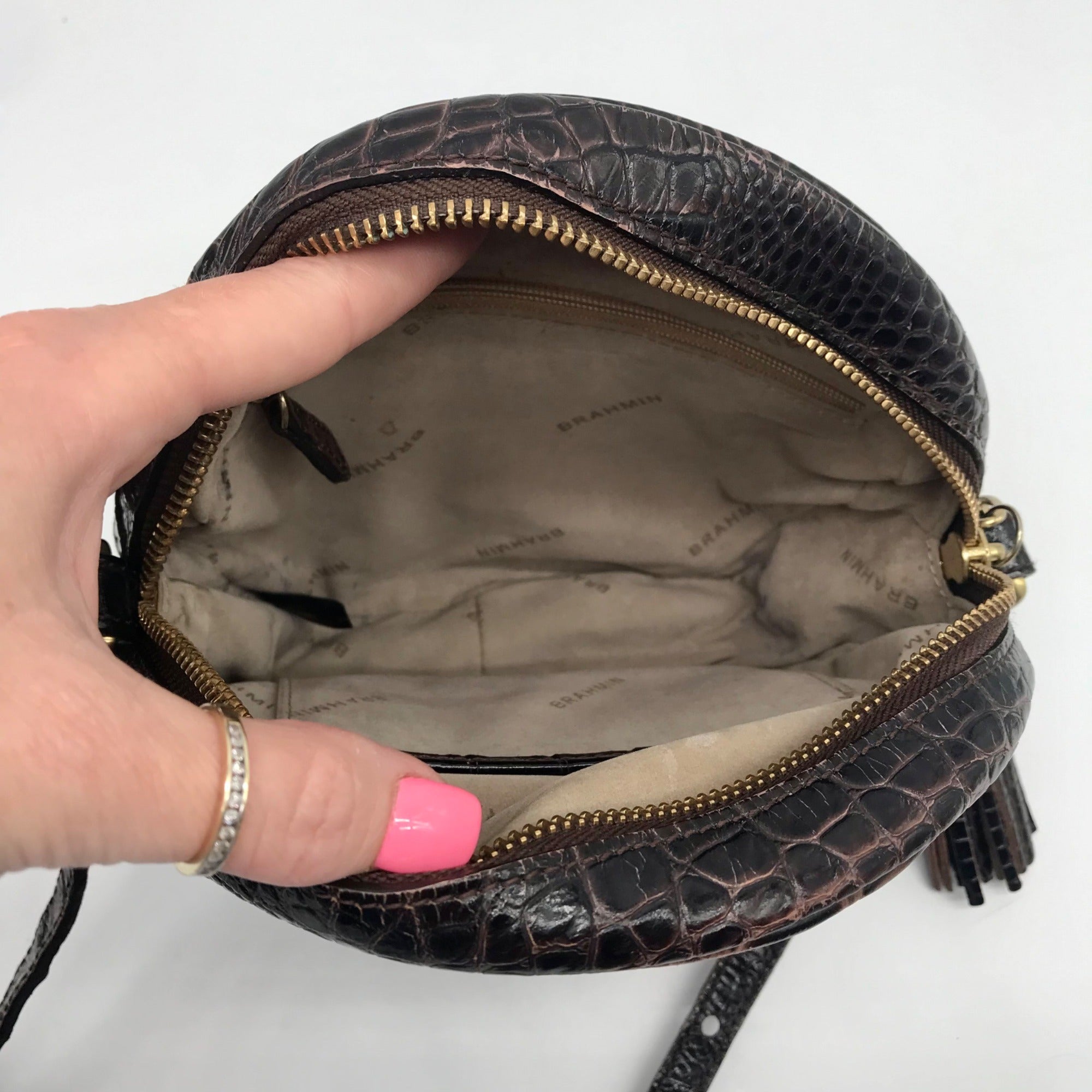 Brahmin Brown Croc Embossed Round Belle Melbourne Crossbody