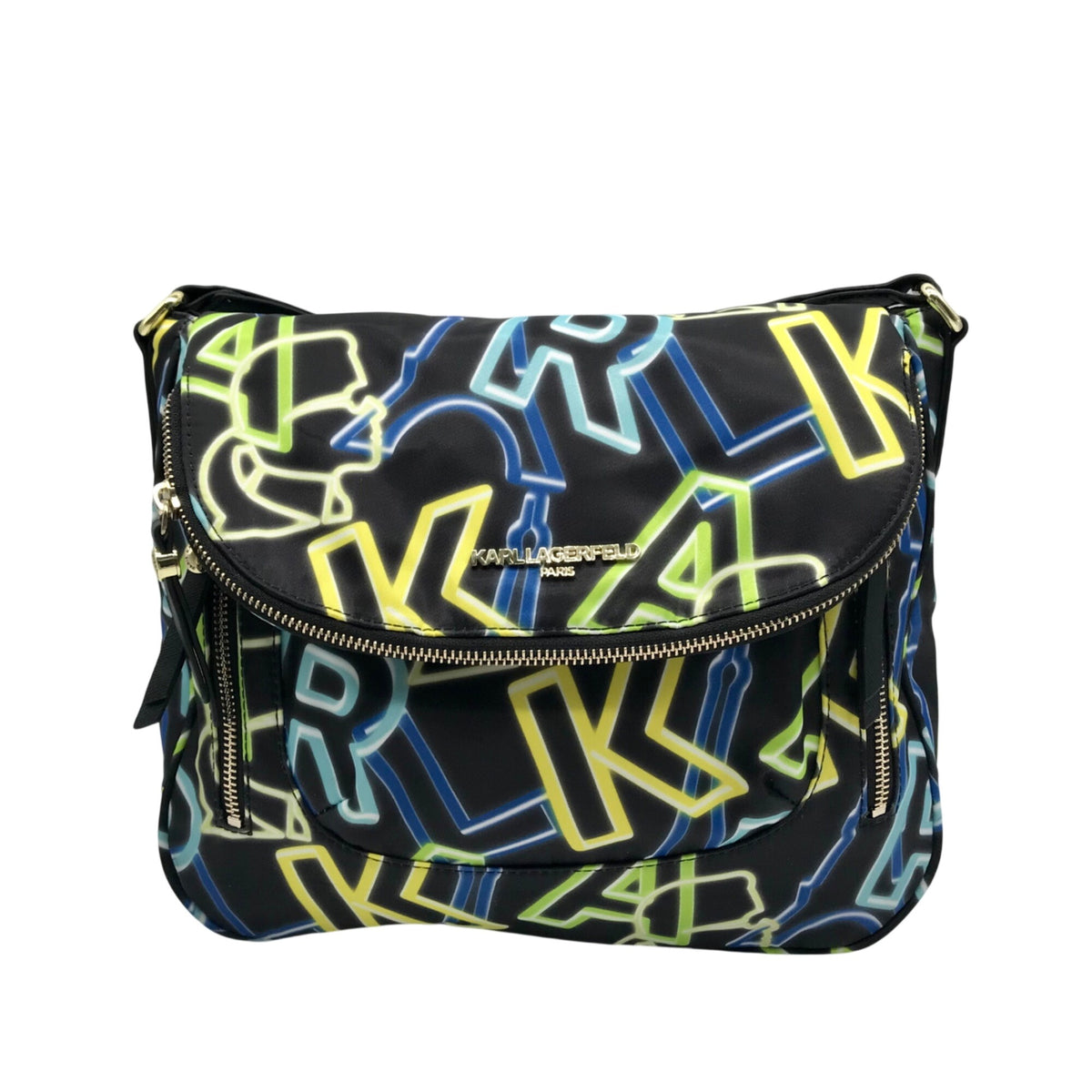 Karl Lagerfeld Black &amp; Neon Green Nylon Paris Cara Crossbody Bag
