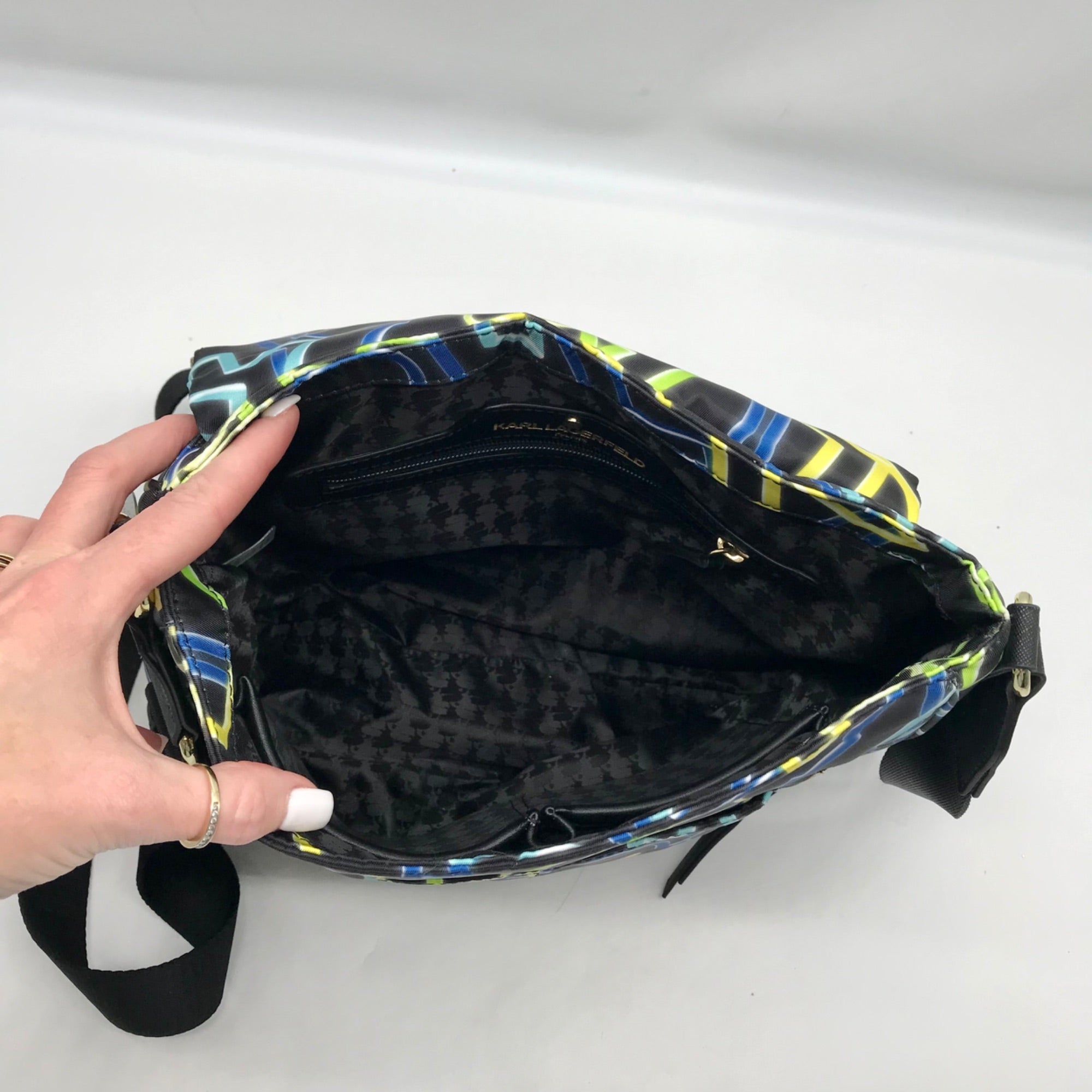 Karl Lagerfeld Black &amp; Neon Green Nylon Paris Cara Crossbody Bag