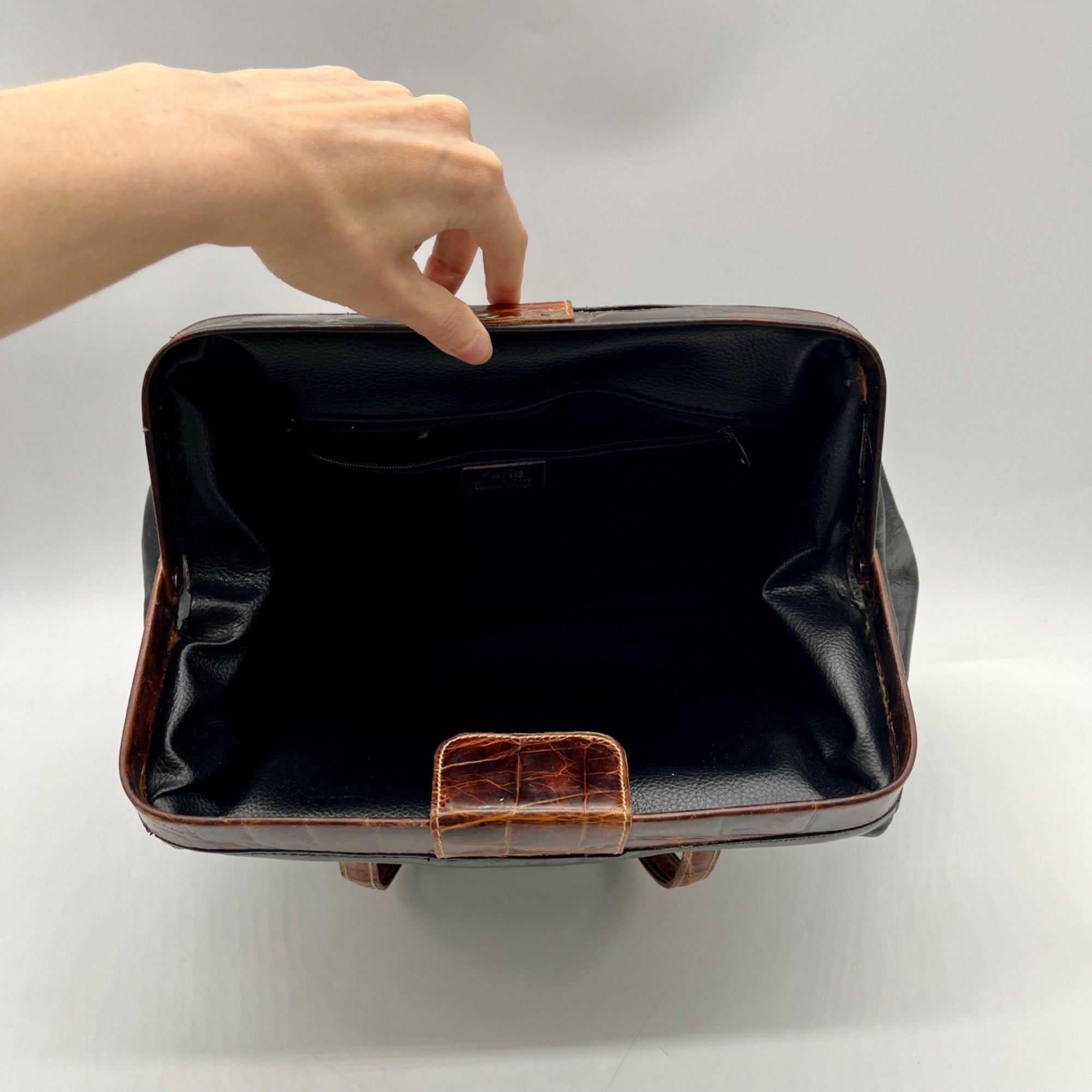 Furla Doctor-Style Black And Brown Leather Satchel Bag