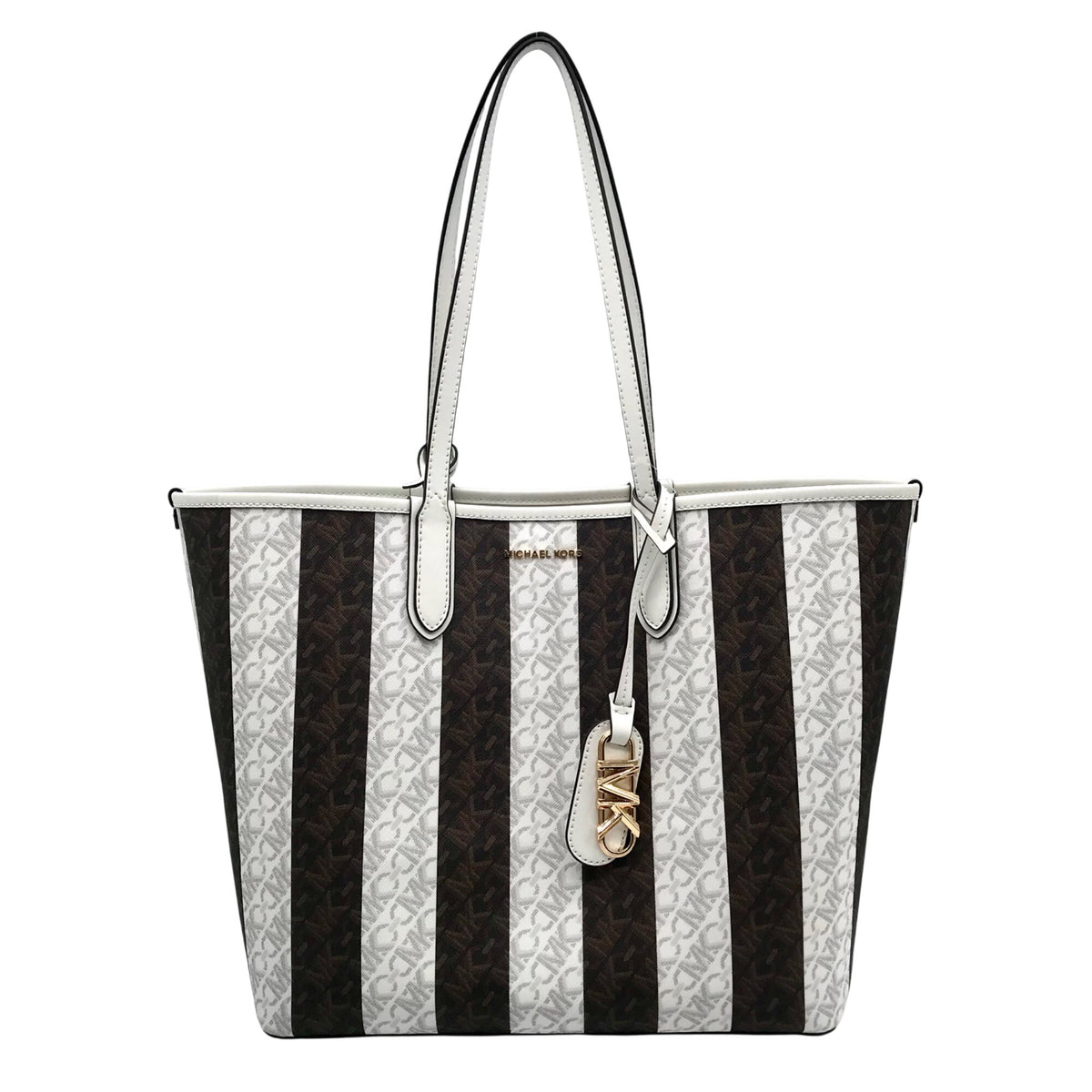 Michael Kors White &amp; Brown Large Eliza East West Reversible Tote &amp; Wallet