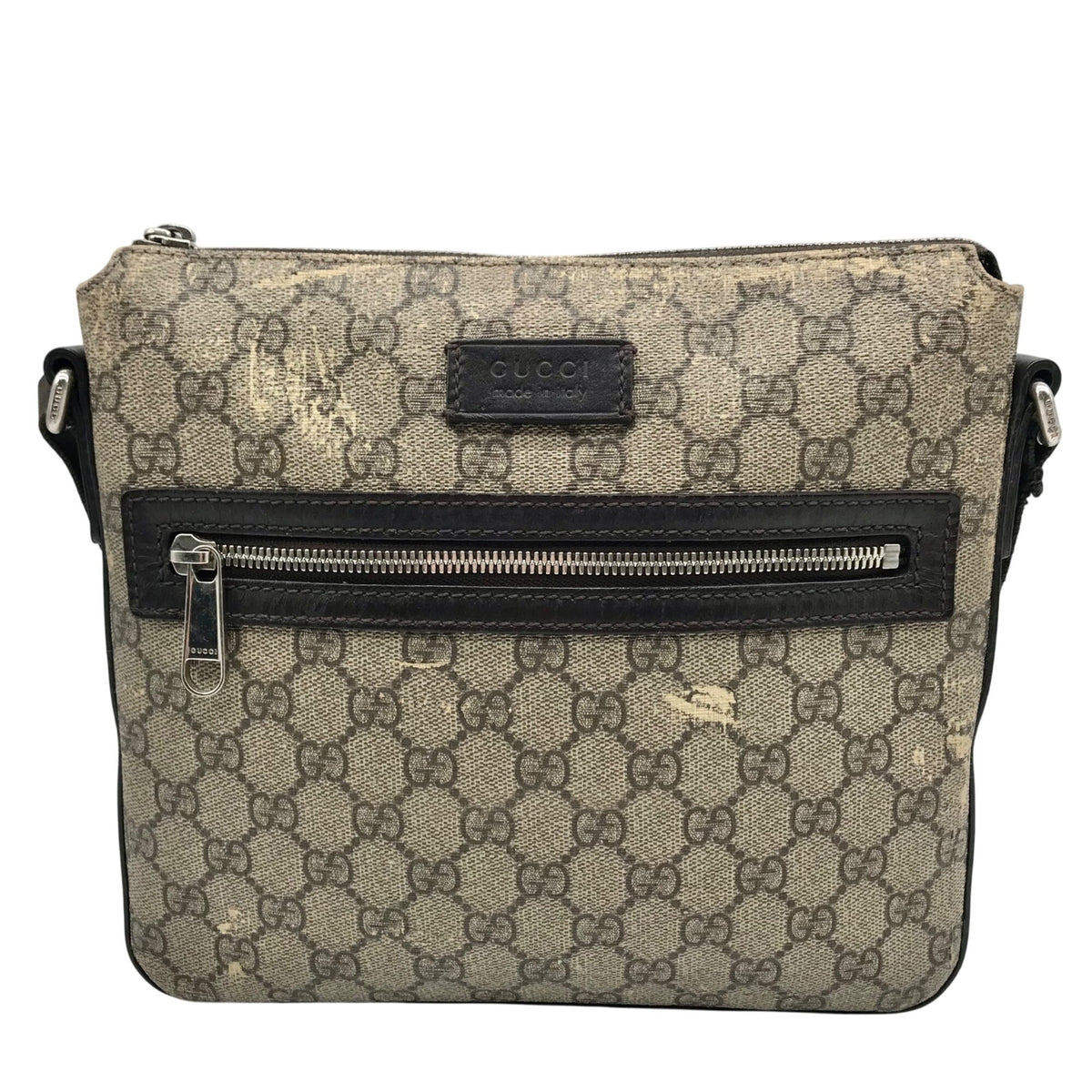 Gucci Dark Brown Leather and Signature GG Supreme Canvas Crossbody Bag