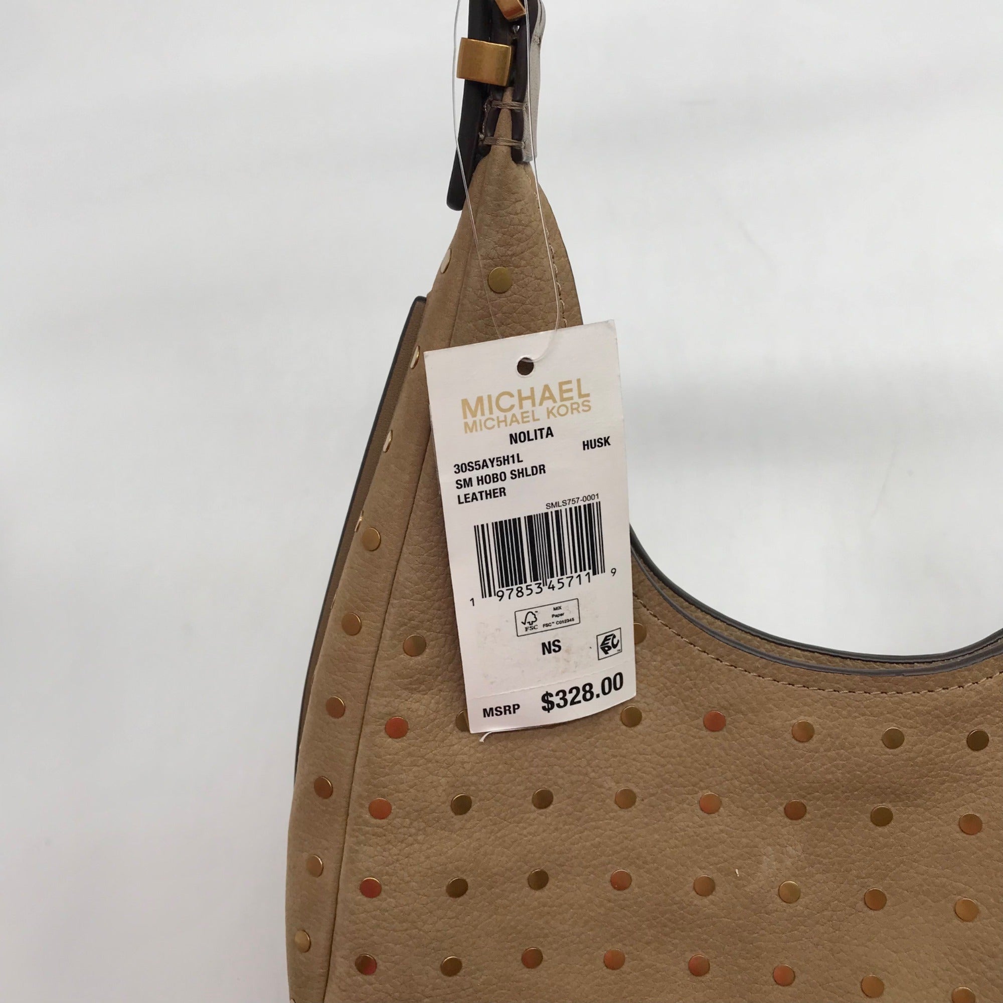 Michael Kors Husk Pebbled Leather Studded Nolita Hobo Shoulder Bag