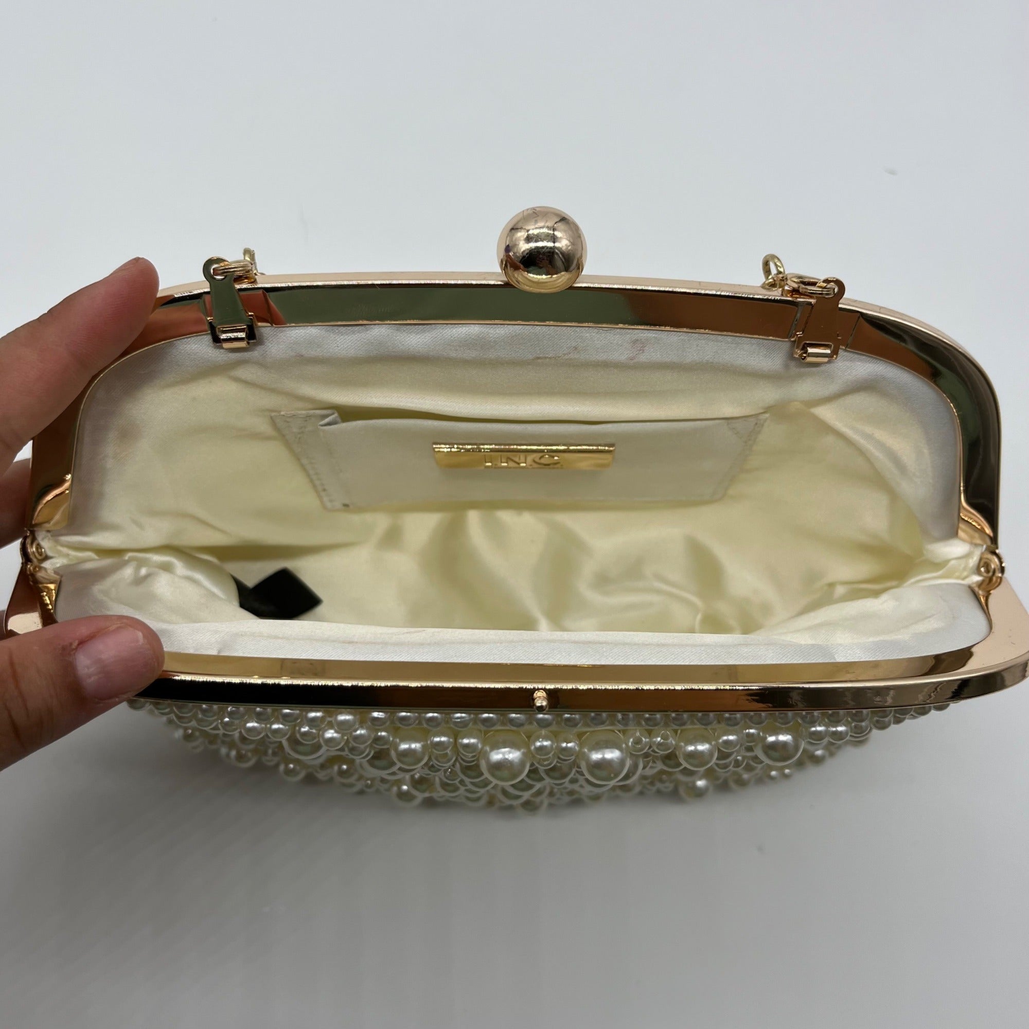 I.N.C. International Concepts Ivory Satin All Over Pearl Clutch