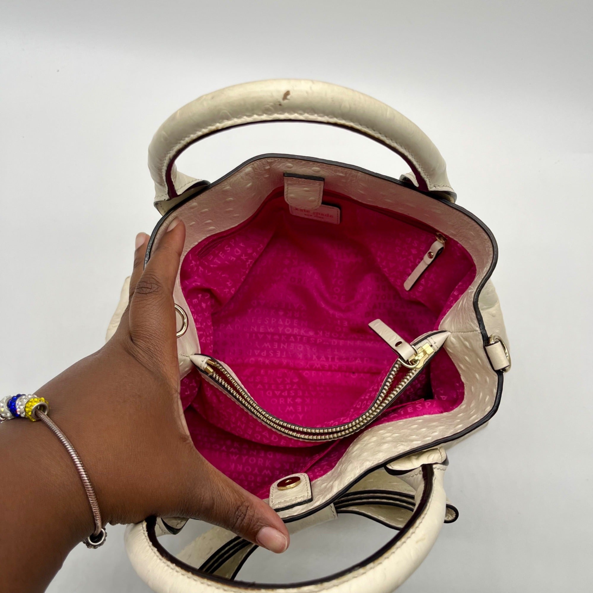 Kate Spade Cream Charm City Ostrich-Embossed Leather Satchel Bag