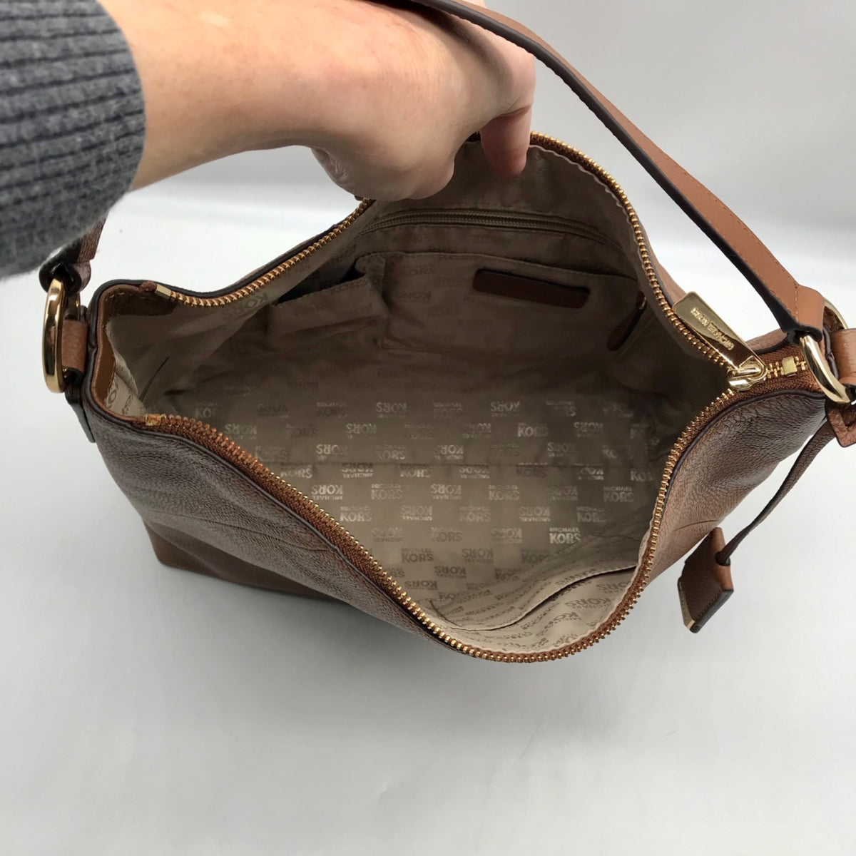 Michael Kors Brown Pebbled Leather Karson Shoulder Bag