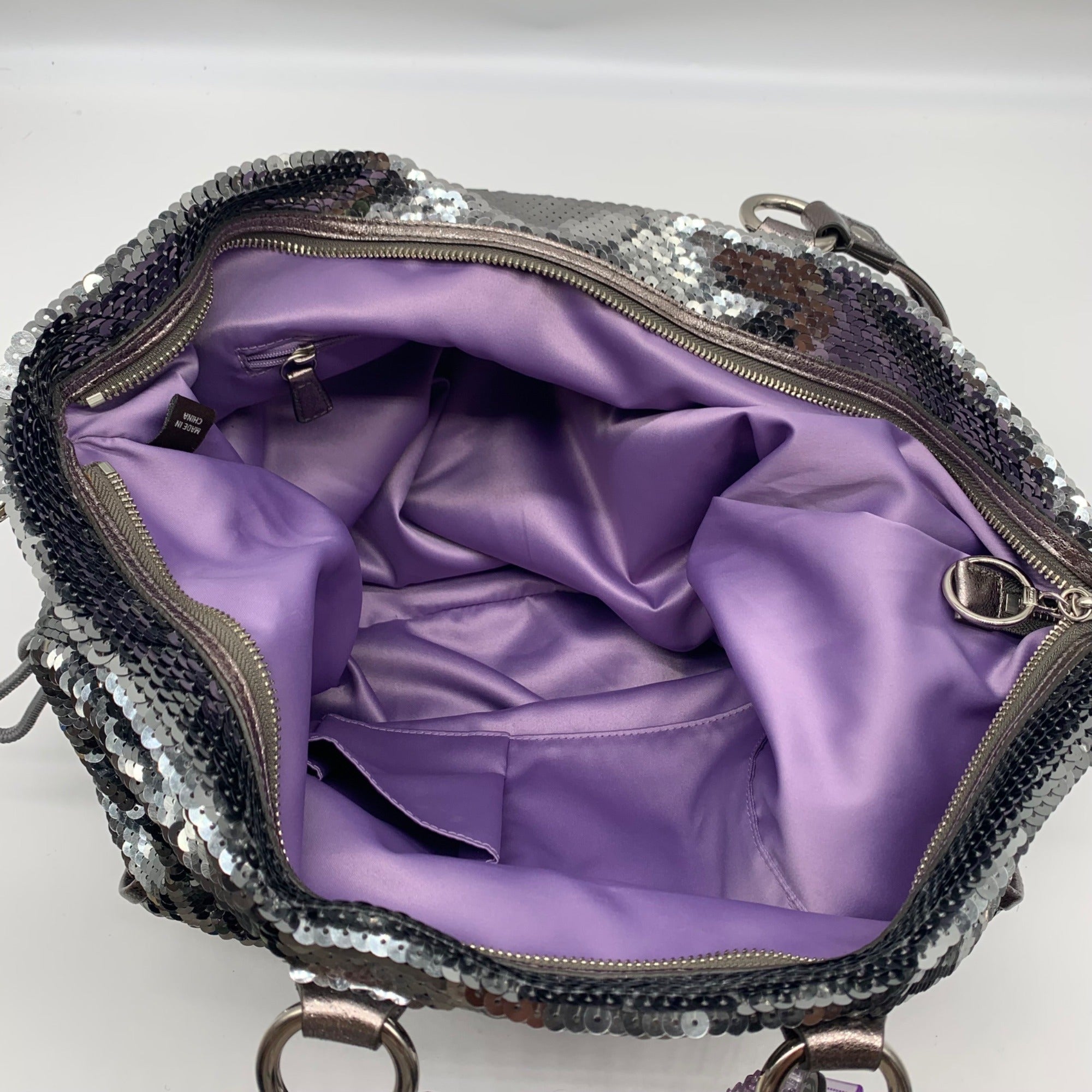 Coach Stone Gray Blue Poppy Sequin Spotlight Convertible Tote 13838
