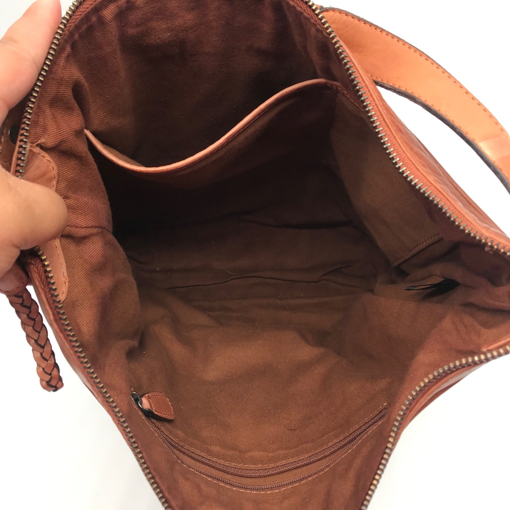 Uniquely Crafted By Artisans In India Diagonal Pleated Brown Leather Hobo