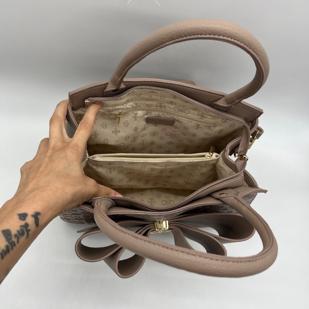 Like Dreams Taupe Large Bow Faux Leather Satchel