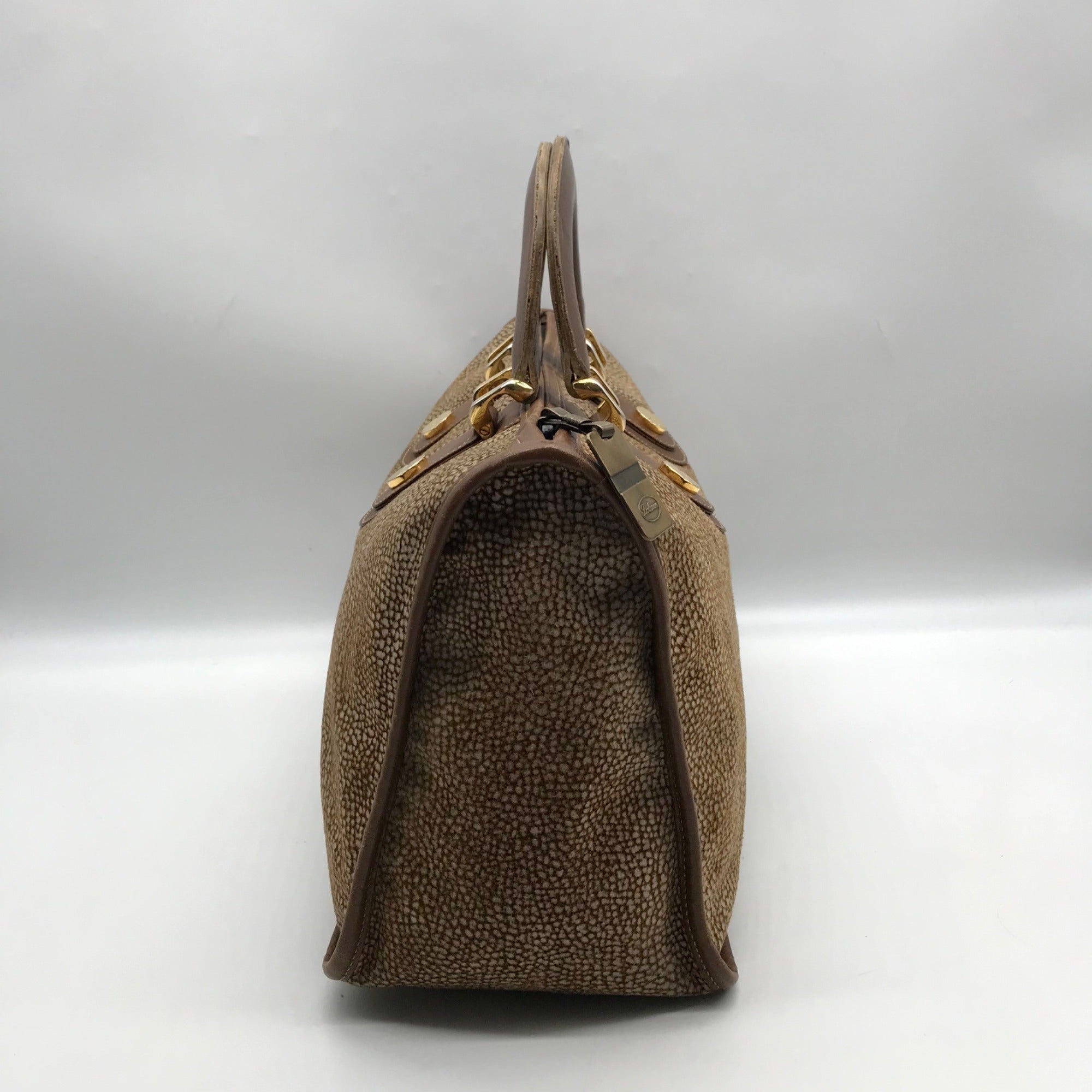 Borbonese Brown Suede Redwall Quail Print Satchel Bag
