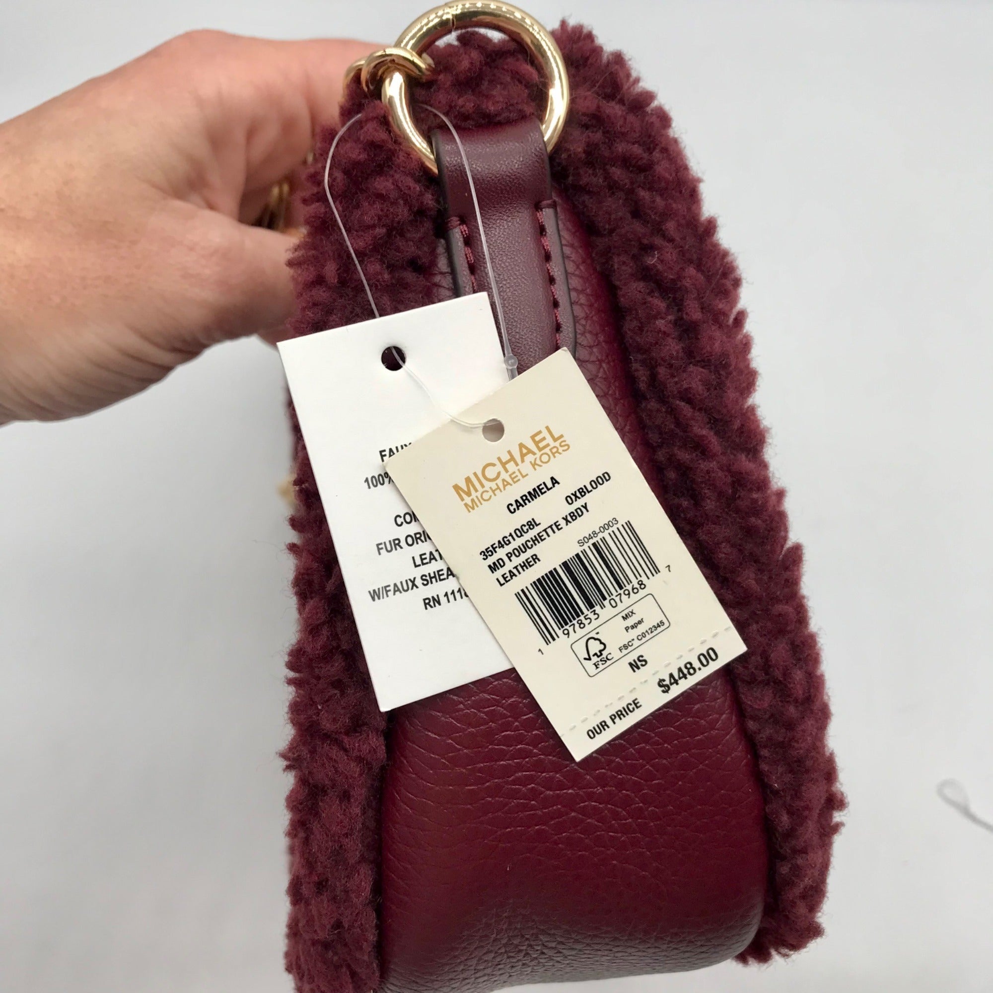 Michael Kors Oxblood Pebbled Leather Carmela Pouchette Crossbody Bag