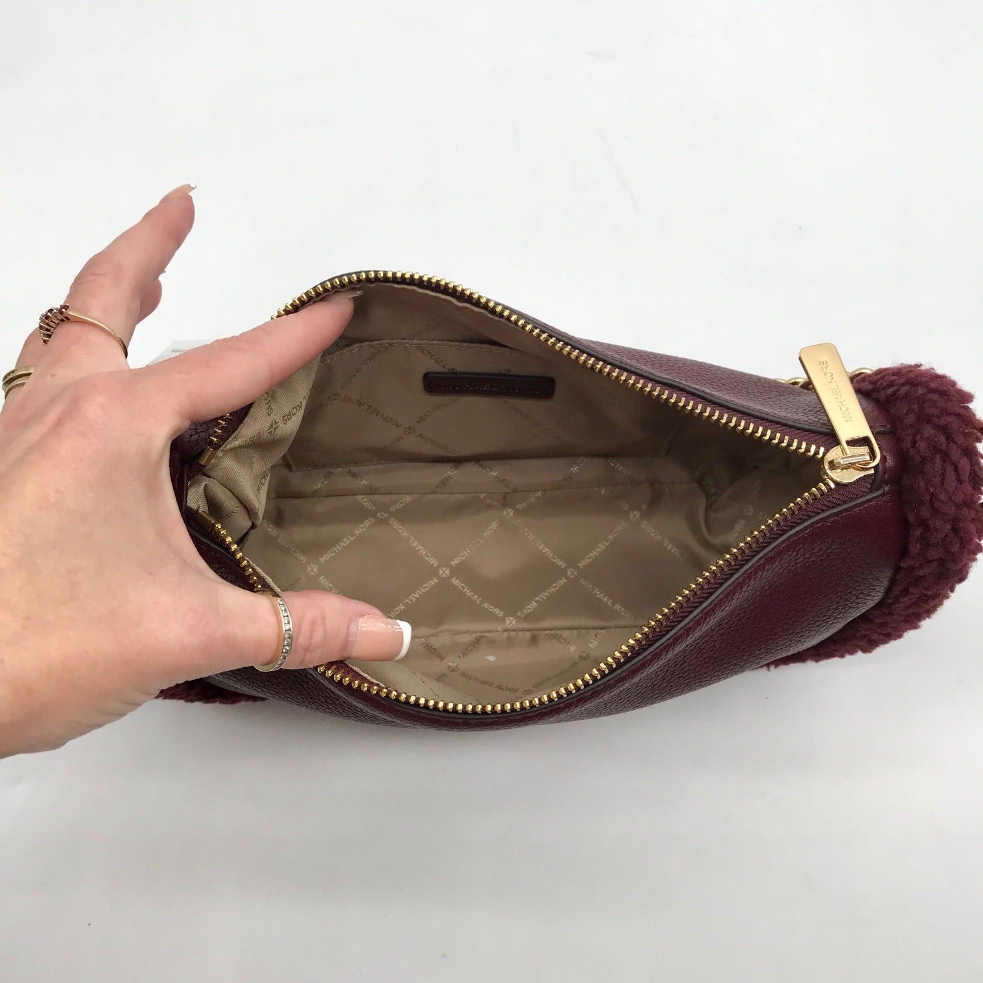 Michael Kors Oxblood Pebbled Leather Carmela Pouchette Crossbody Bag