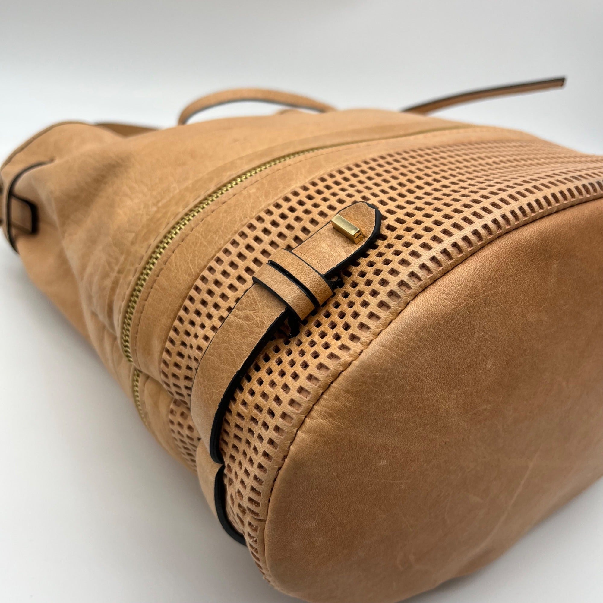 She + Lo Tan Perforated Drawstring Hobo Bag