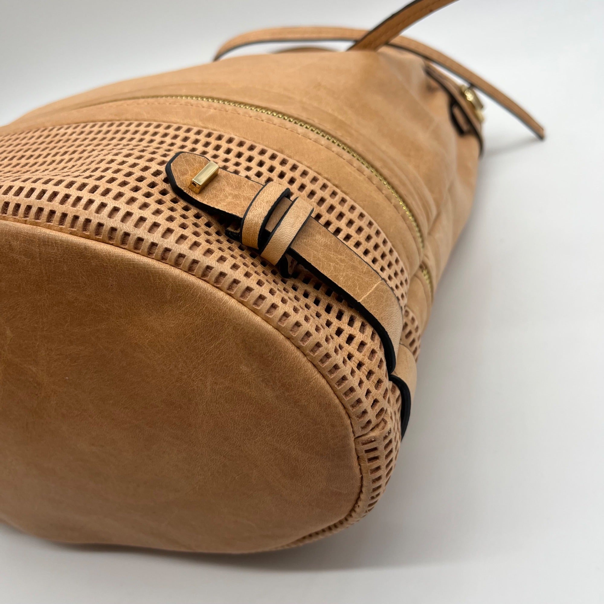 She + Lo Tan Perforated Drawstring Hobo Bag