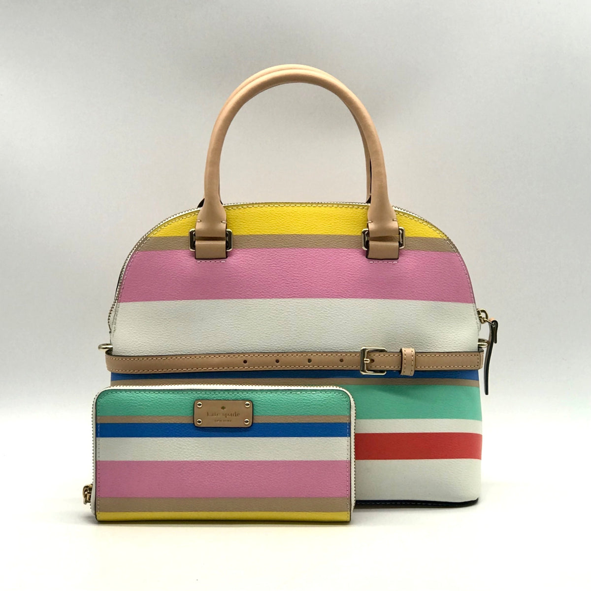 Kate Spade Multi-Colored Striped Pebbled Leather Satchel &amp; Wallet