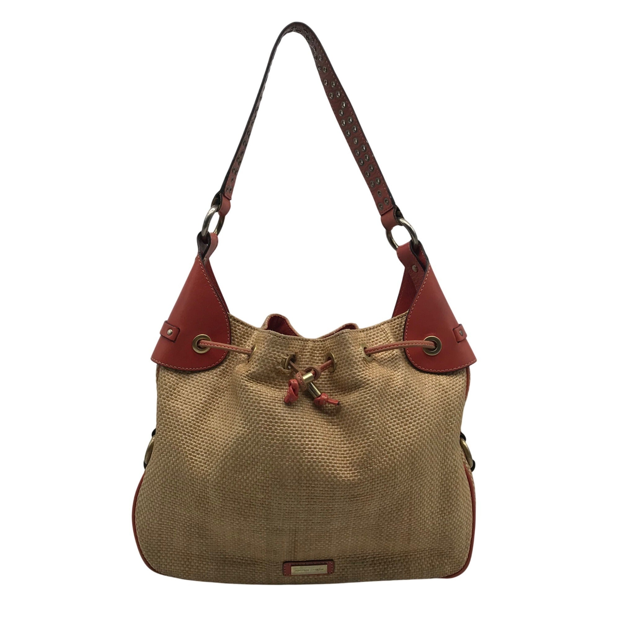 Adrienne Vittadini Beige & Coral Raffia Drawstring Shoulder Bag 