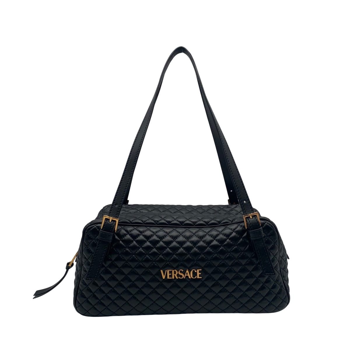 Versace Black Leather Tag Bowling Shoulder Bag