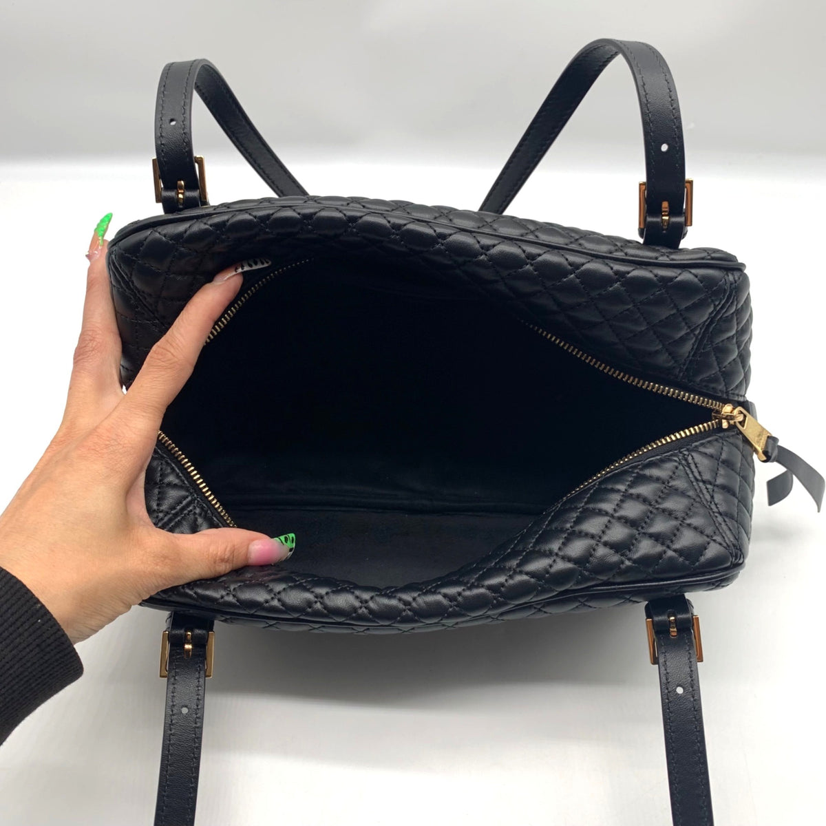 Versace Black Leather Tag Bowling Shoulder Bag