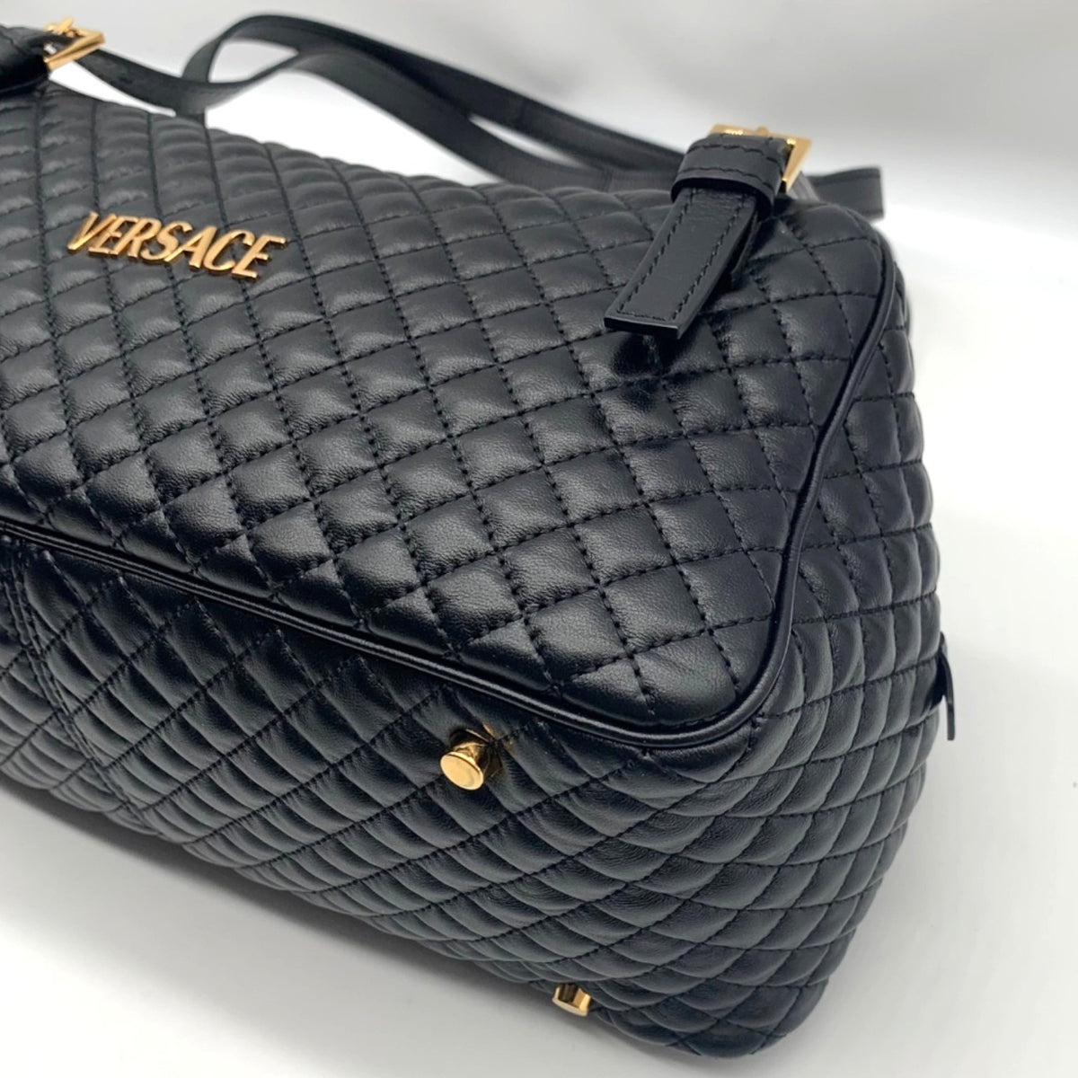 Versace Black Leather Tag Bowling Shoulder Bag