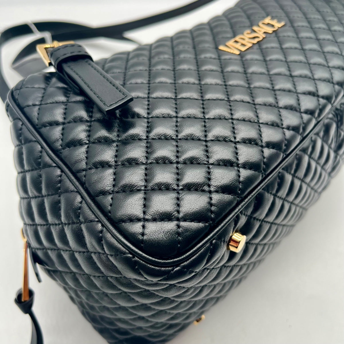 Versace Black Leather Tag Bowling Shoulder Bag
