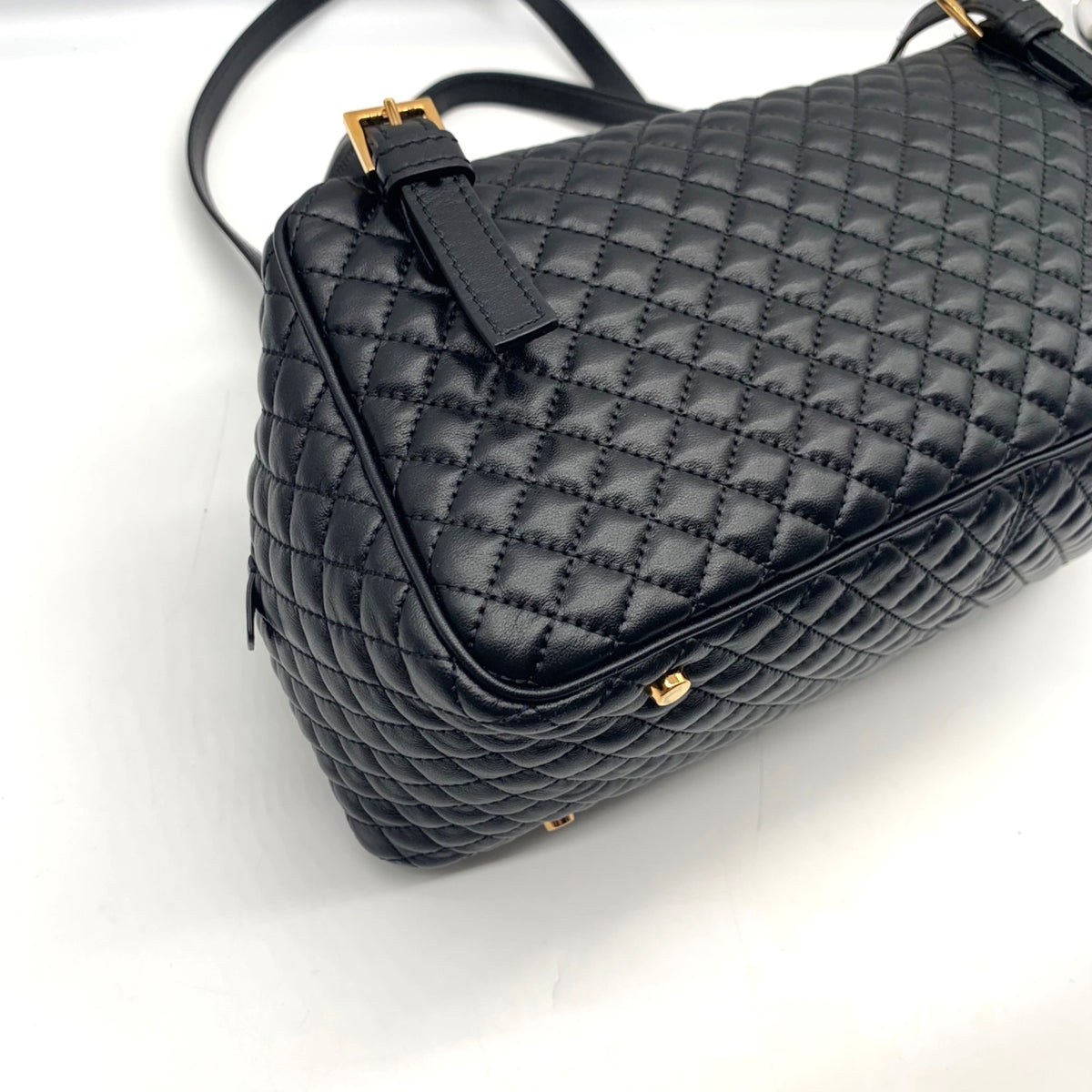 Versace Black Leather Tag Bowling Shoulder Bag