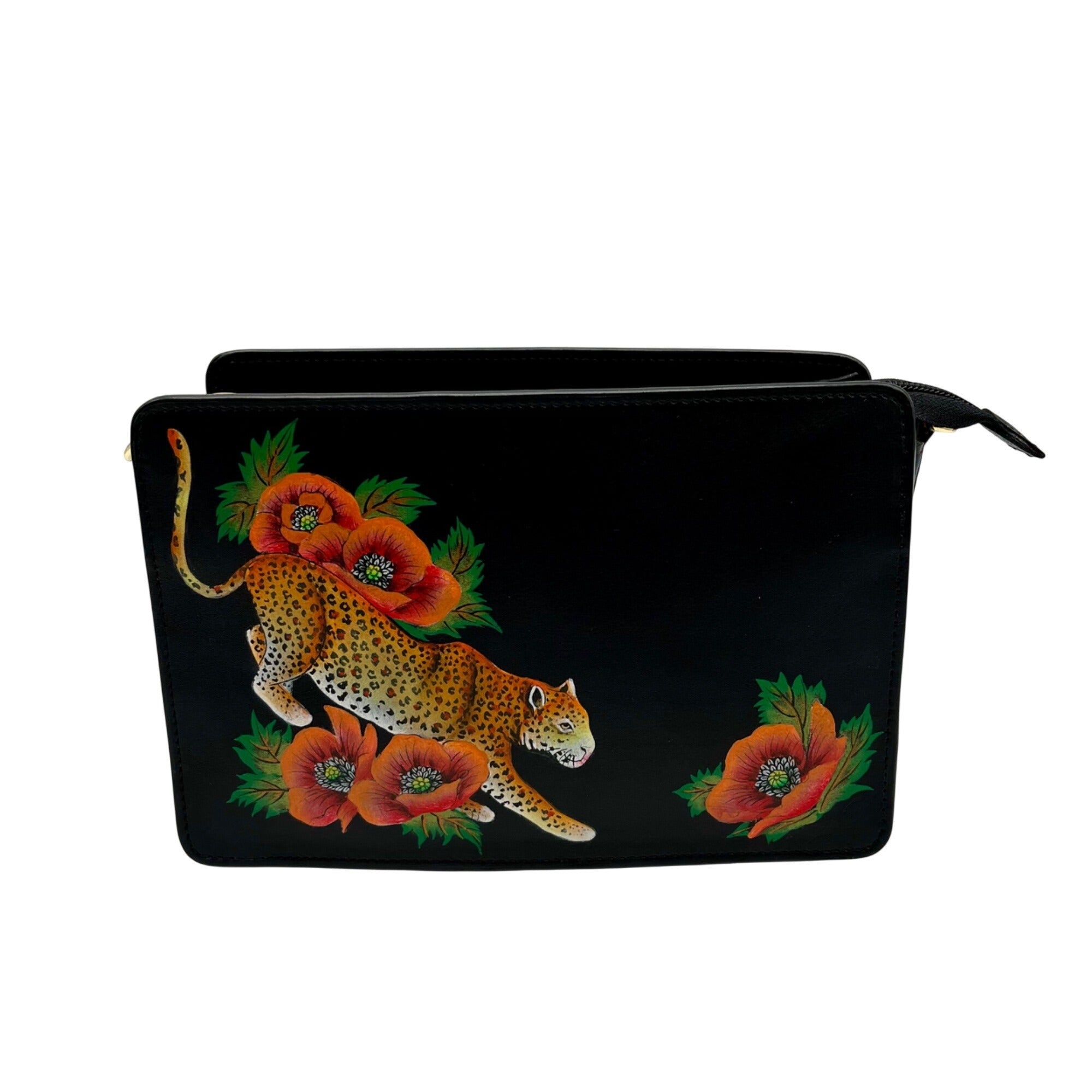 Anuschka Hand-Painted Leather Black Floral and Cheetah Design Crossbody
