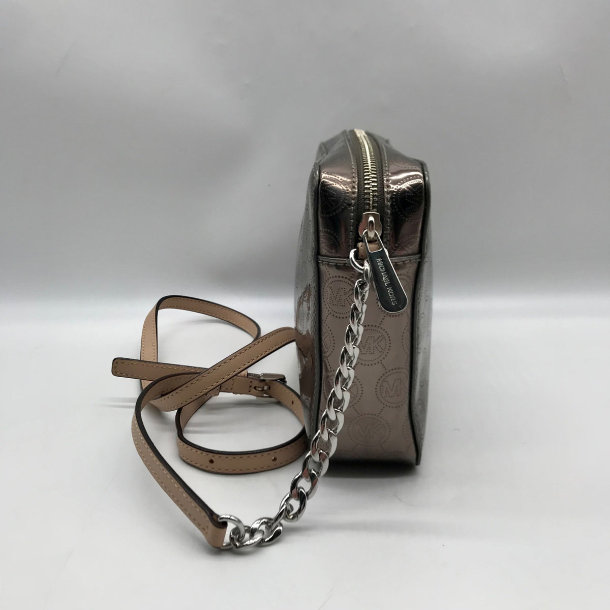 Michael Kors Metallic Gray Monogram Patent Leather Jet Set Crossbody