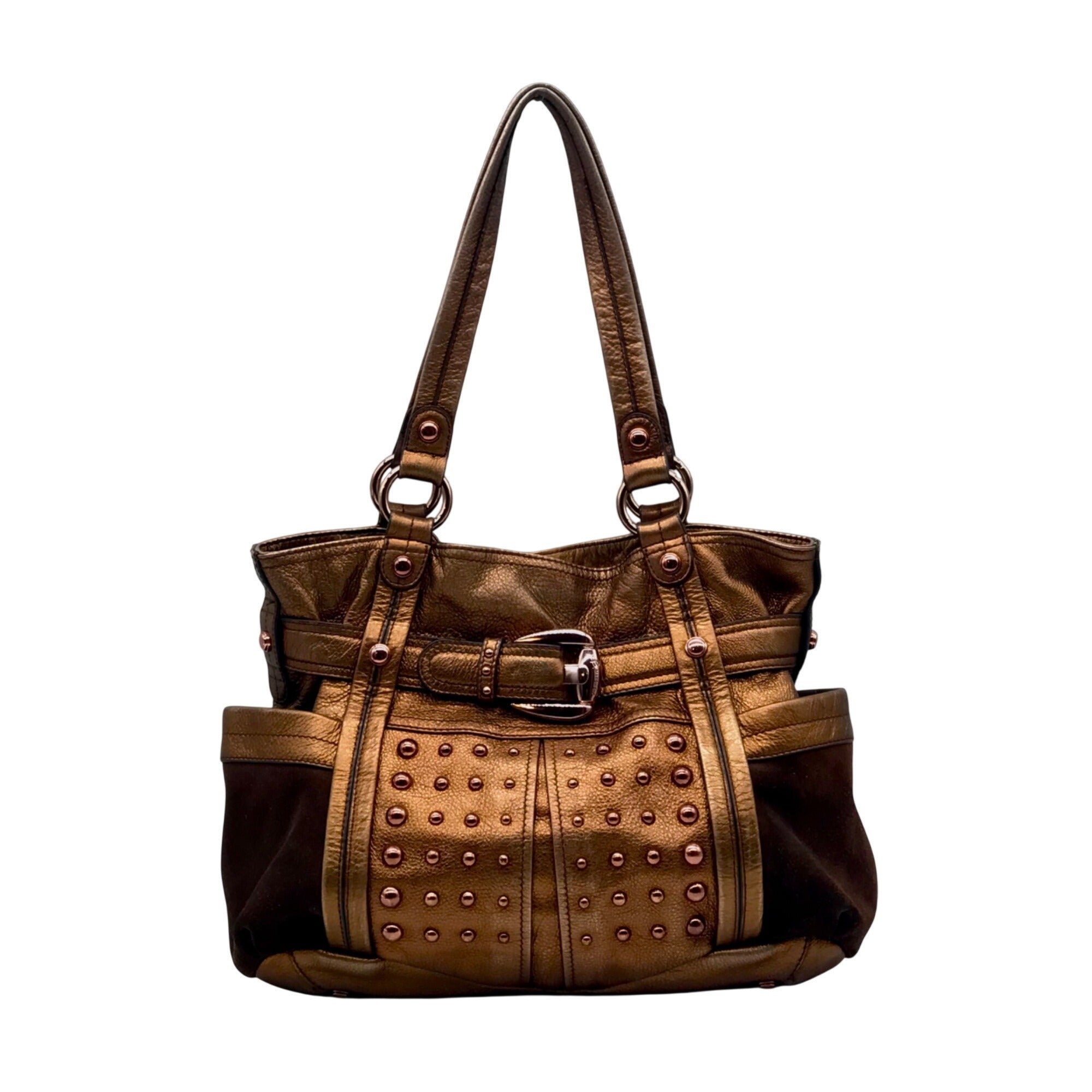 B. Makowsky Metallic Brown Glove Leather Columbia Studded Shopper Bag