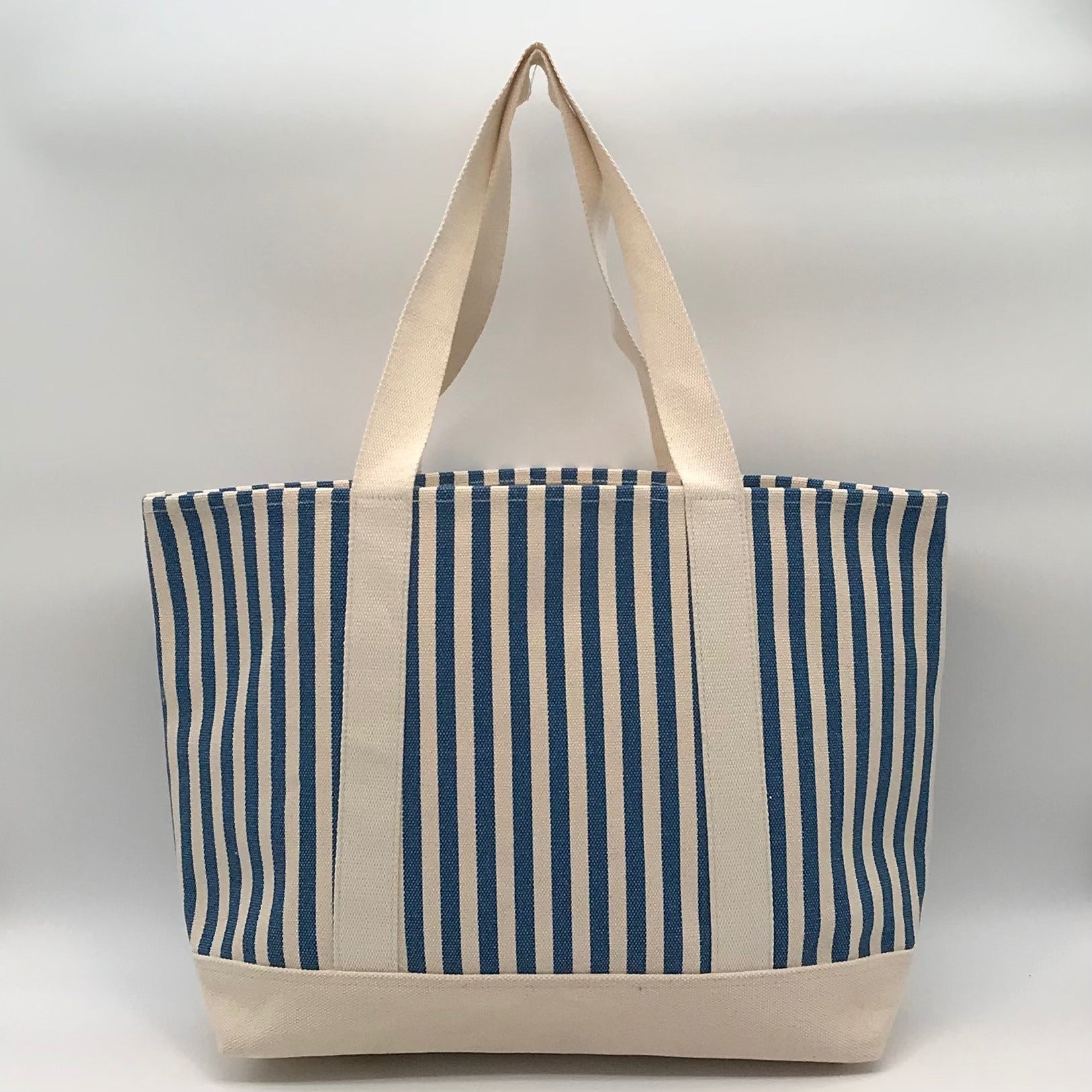 Aqua Blue &amp; White Striped Cotton Canvas Tote Bag