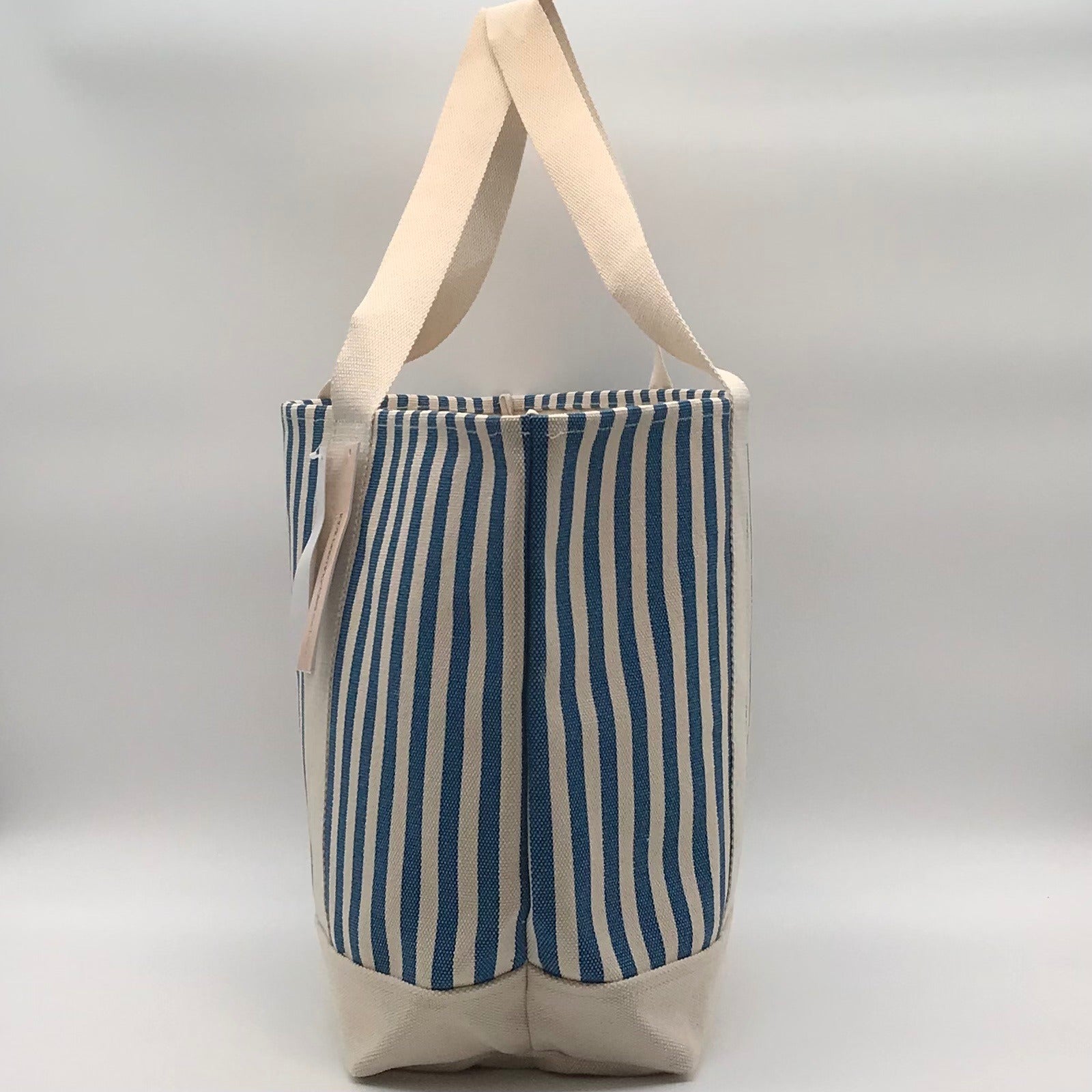 Aqua Blue &amp; White Striped Cotton Canvas Tote Bag
