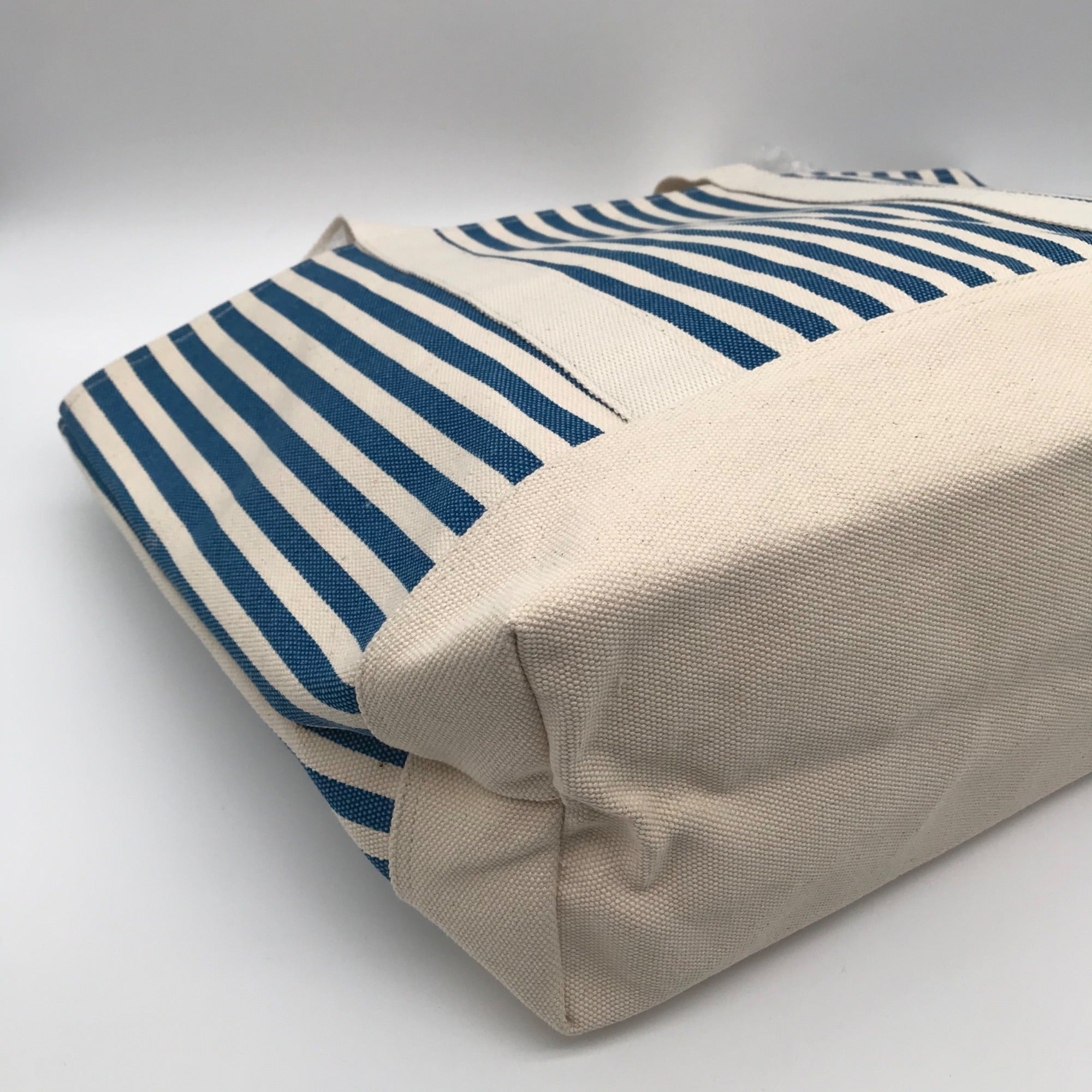 Aqua Blue &amp; White Striped Cotton Canvas Tote Bag