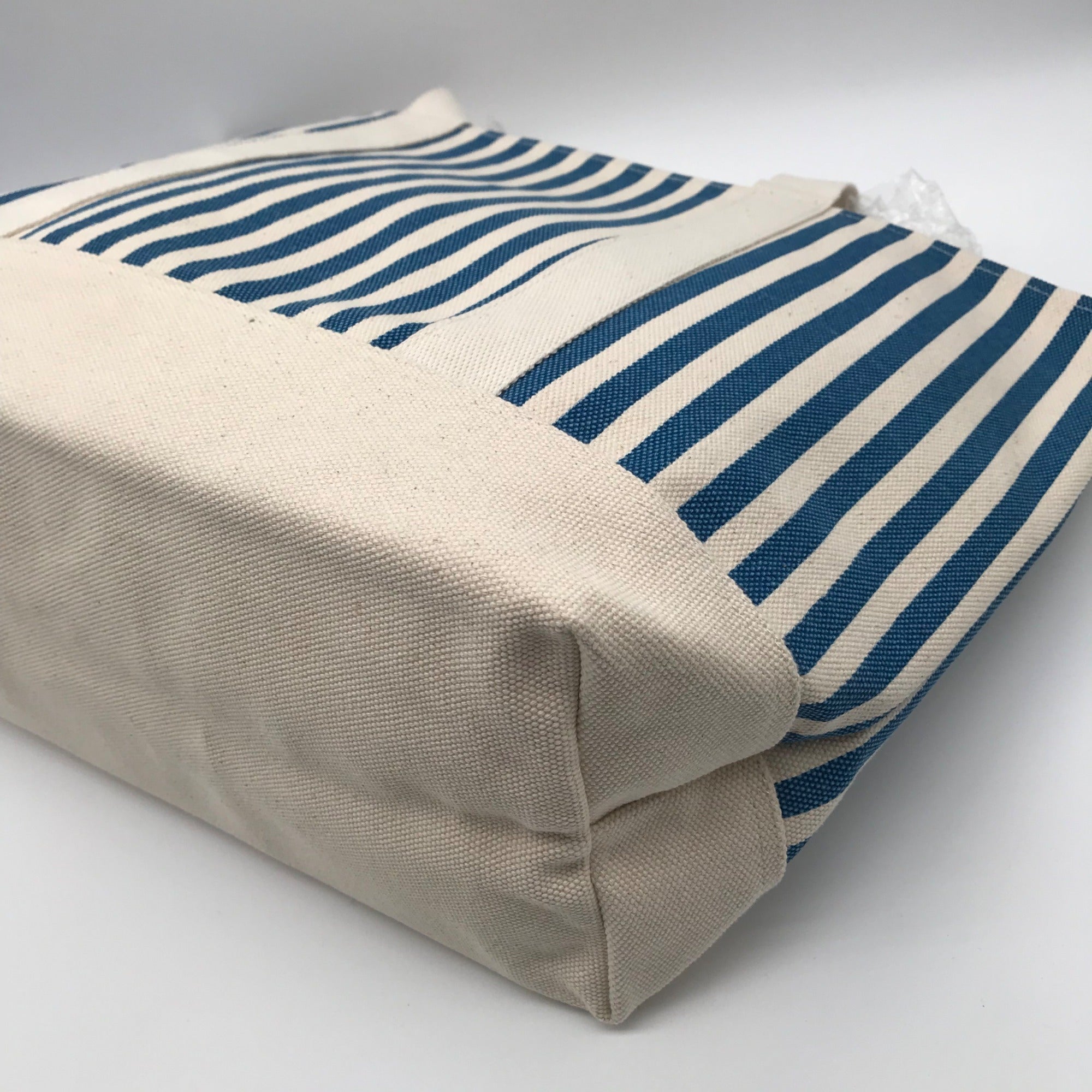 Aqua Blue &amp; White Striped Cotton Canvas Tote Bag