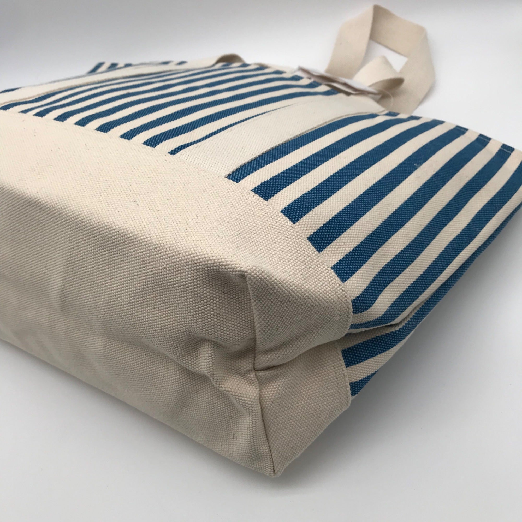 Aqua Blue &amp; White Striped Cotton Canvas Tote Bag