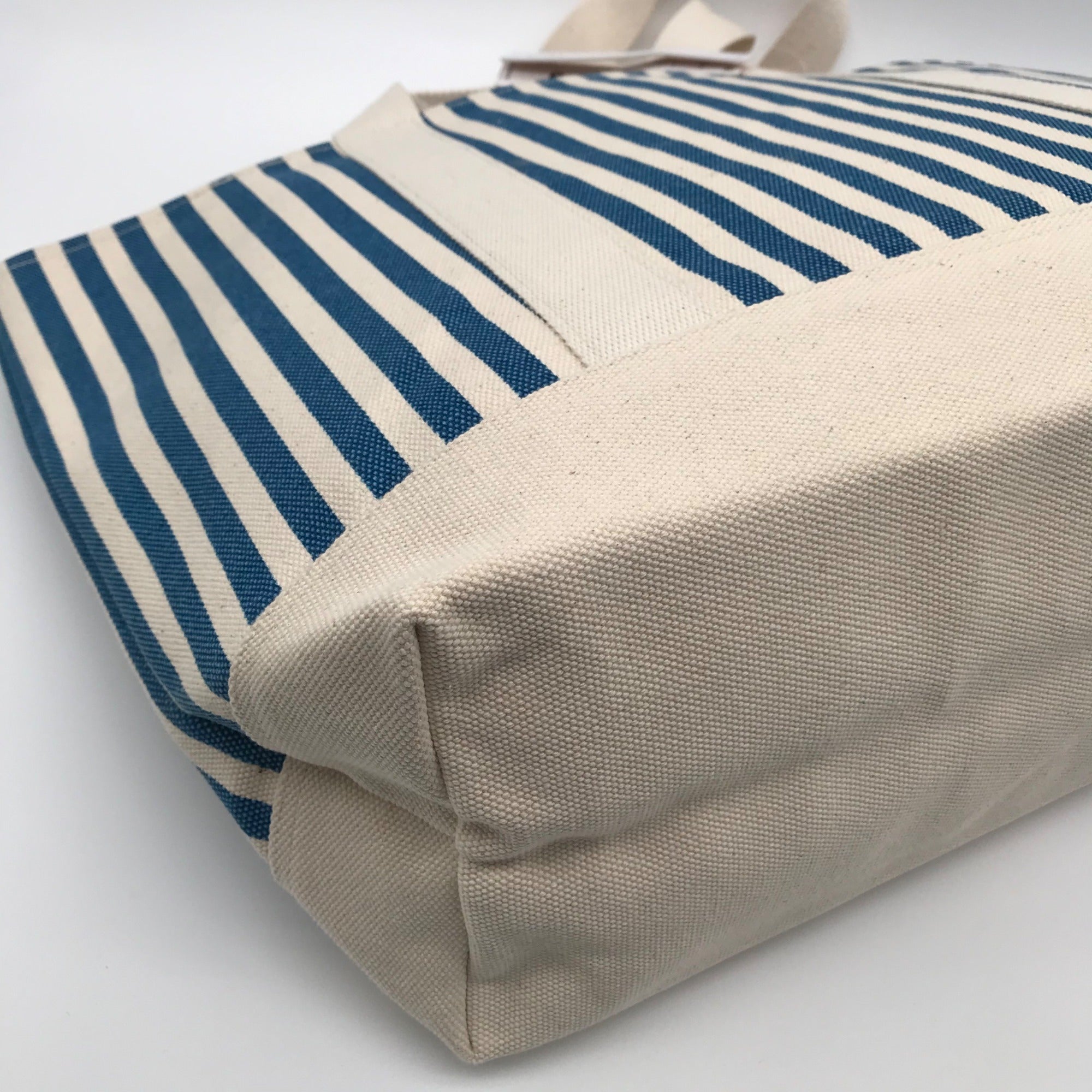 Aqua Blue &amp; White Striped Cotton Canvas Tote Bag