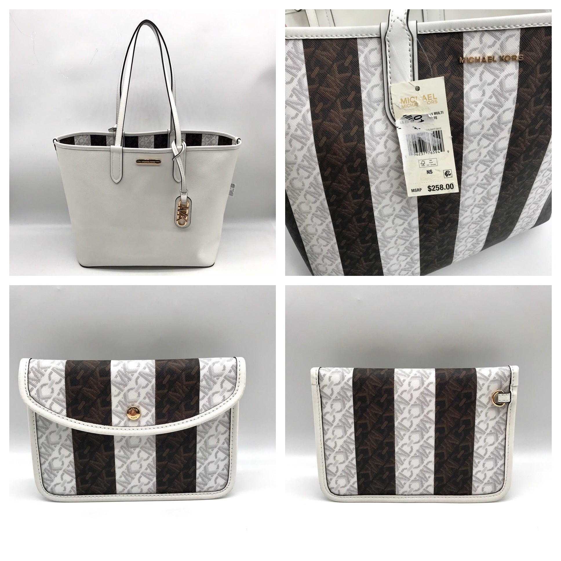 Michael Kors White &amp; Brown Large Eliza East West Reversible Tote &amp; Wallet